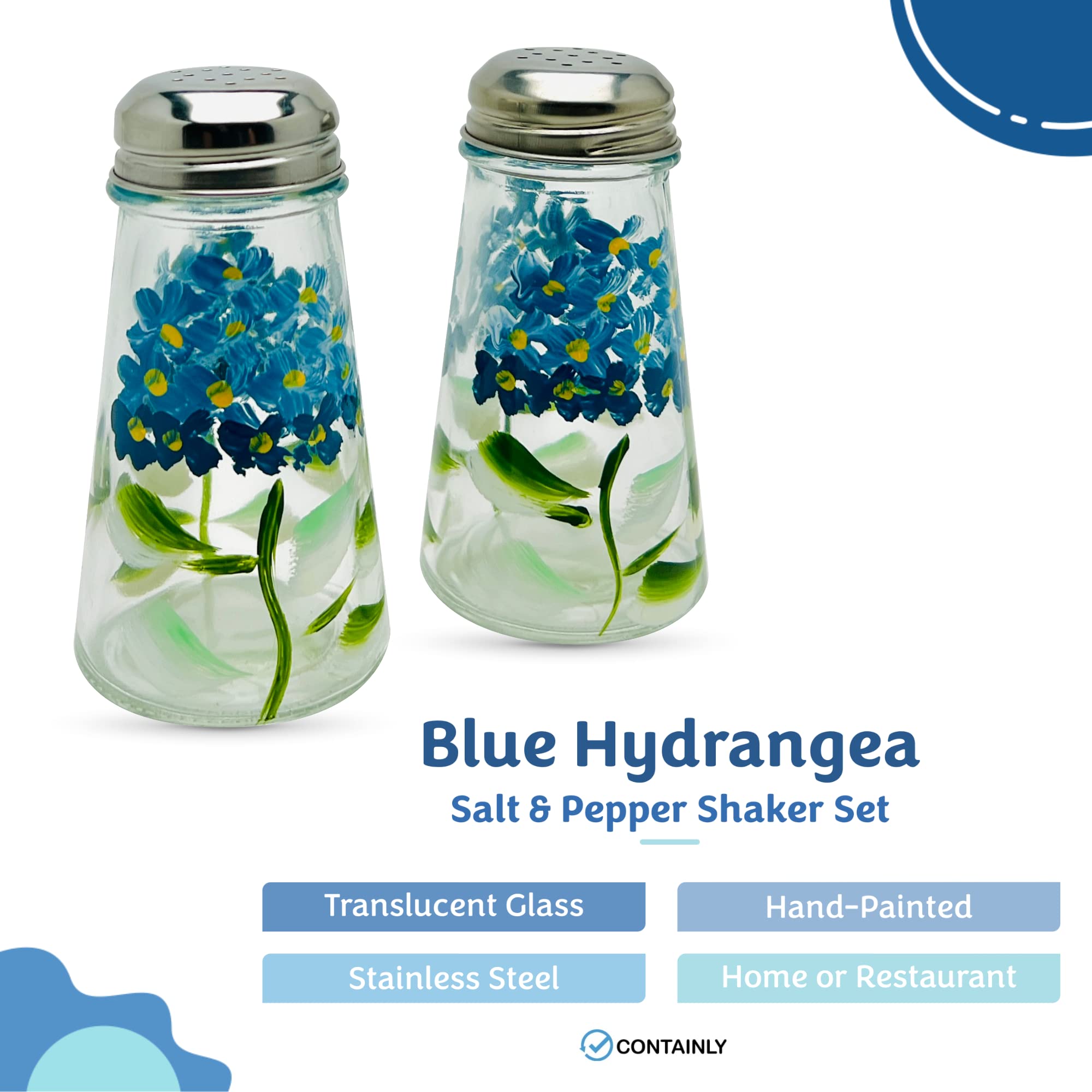 Hand Painted Tapered Blue Hydrangeas Salt And Pepper Shaker Set