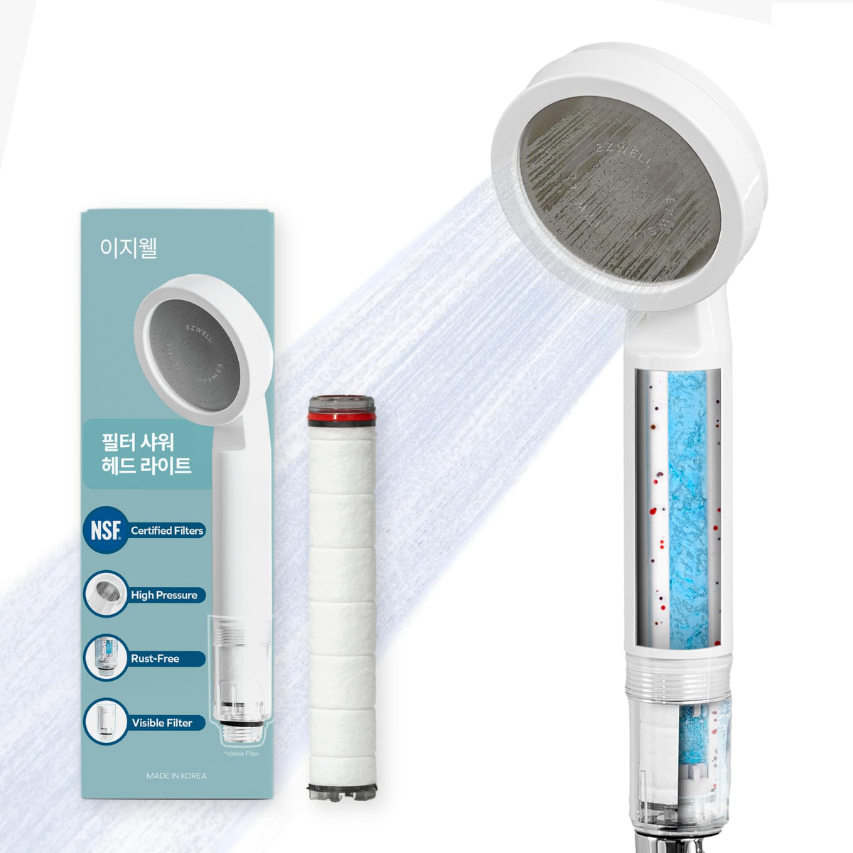 EZWELL Visible Sediment Filter Shower Head – High Pressure, NSF Certified, Removes Rust & Heavy Metals, For Dry Skin & Hair