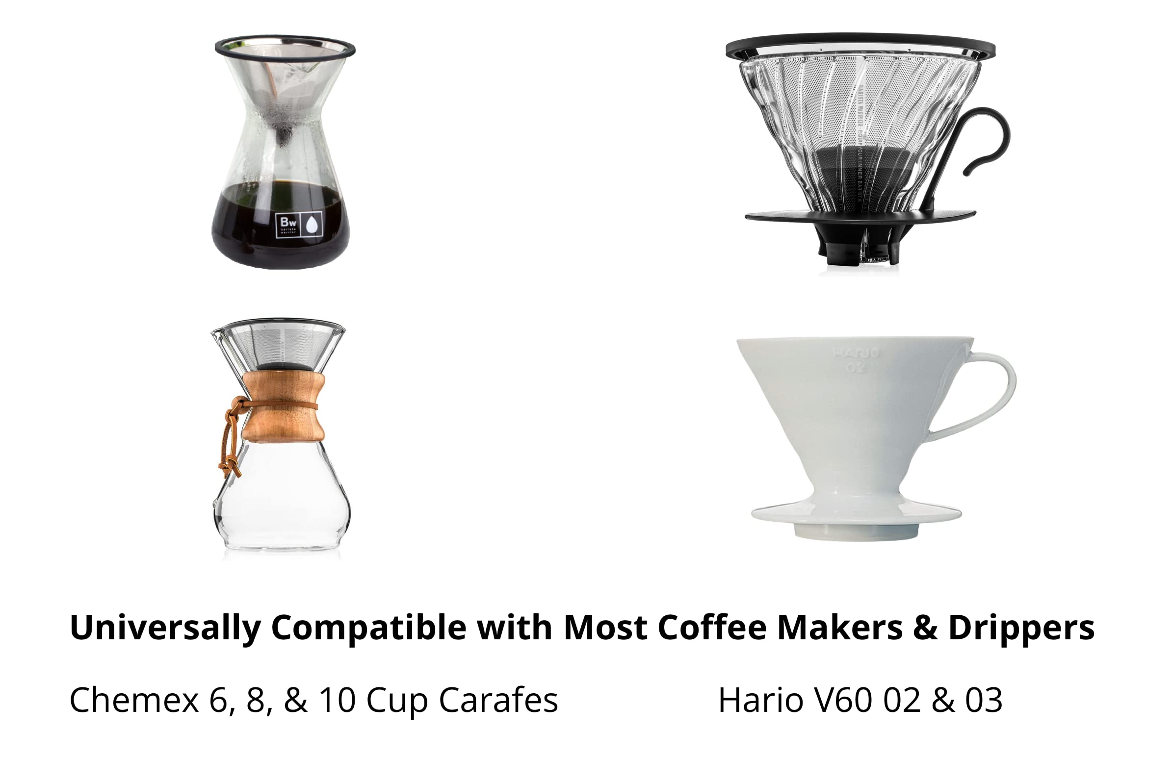 Barista Warrior Compatible For Hario V60 & Chemex Pour Over Coffee Filters - Reusable Stainless Steel- Best Coffee Maker And Bar