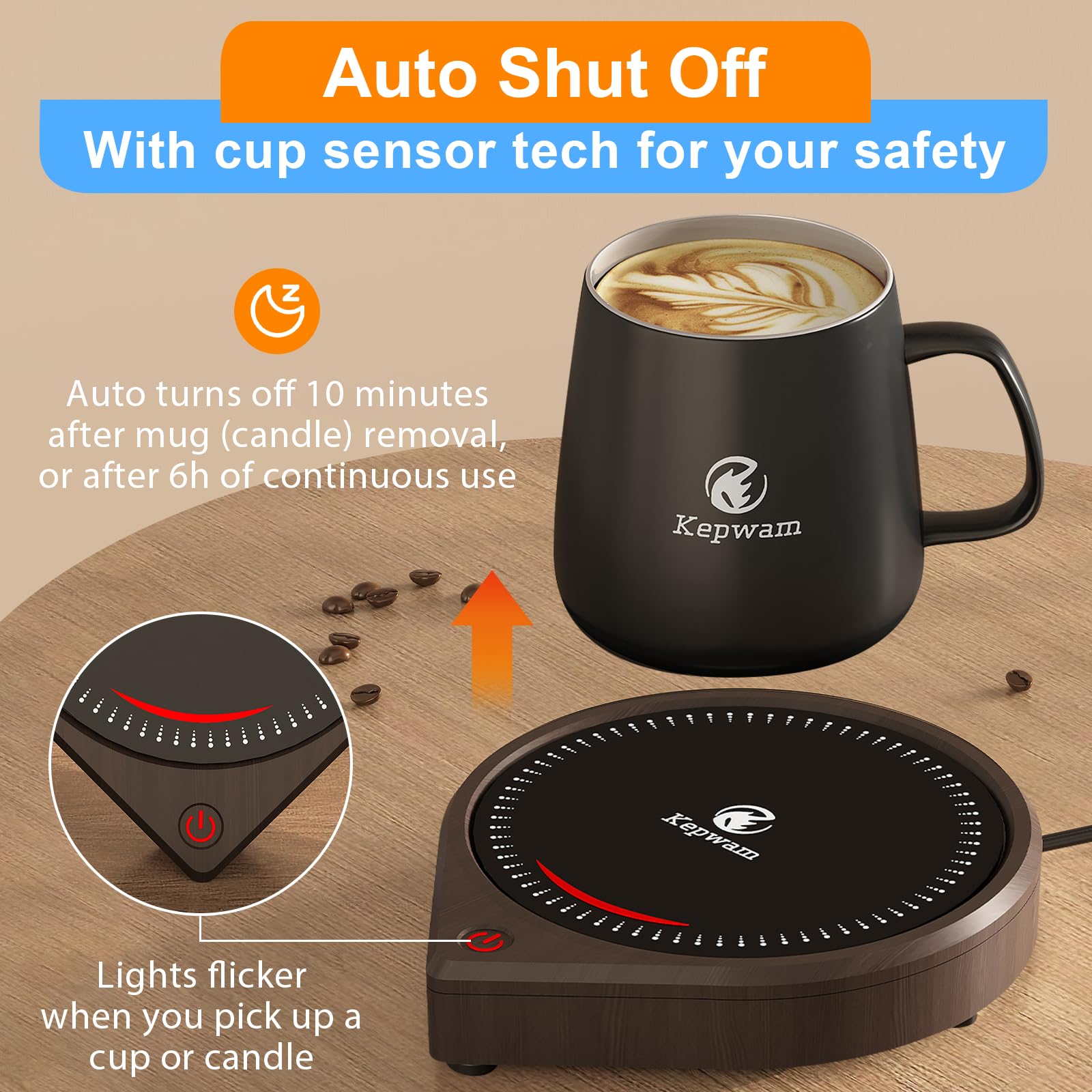 Kepwam Coffee Mug Warmer For Desk, Smart Coffee Warmer With Touch Tech & Light, Coffee Cup Warmer With Gravity Sensor & Auto Shu