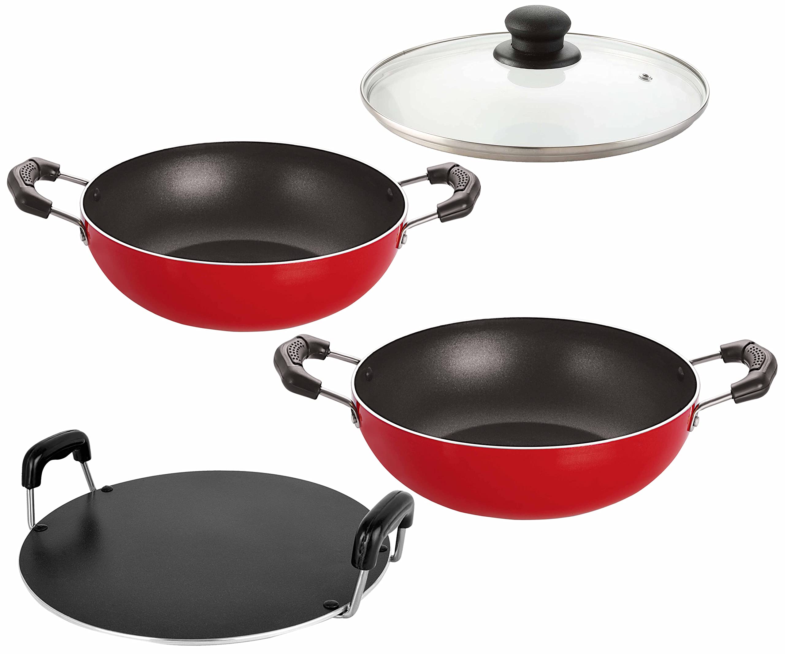 Nirlon Nonstick Aluminium Gas Compatible Cookware Kitchen Utensils Combo Gift Set  4 Pieces (Deep Kadhai(M)|Deep Kadhai(J)|Roun