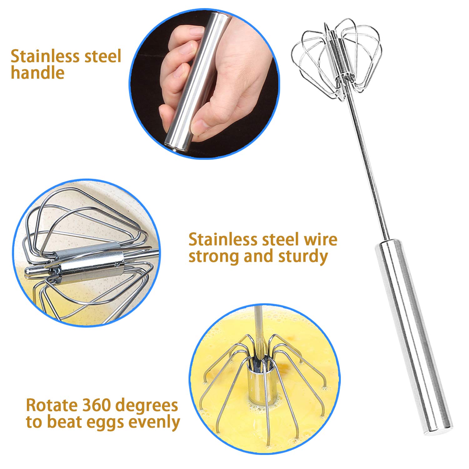 Listenman Danish Dough Whisk Bread Mixer&Egg Whisk Kits, 2 Pack Premium Stainless Steel Dutch Whisk & 1 Pack Hand Push Rotary Wh
