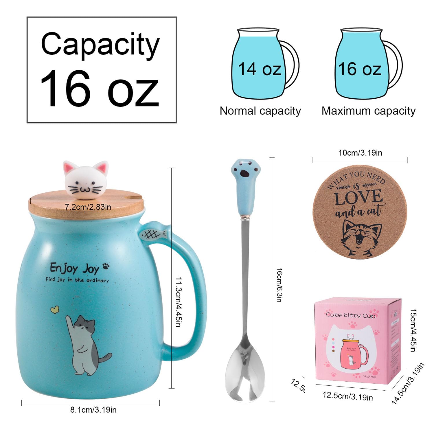 Feify Cute Cat Ceramic Coffee Mug Set - 4 Piece, 16oz, Blue with Wooden Lid & Spoon, Kawaii Anime Design, Perfect for Gifts