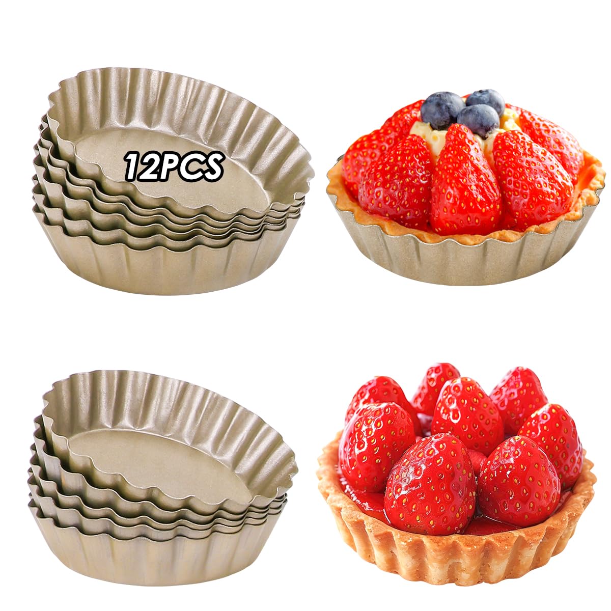 Swetwiny 12 Pcs Egg Tart Mold, 3'' Mini Tart Pans Removable Bottom For Baking, Kitchen Reusable Baking Tools, Cupcake Cake Muffi