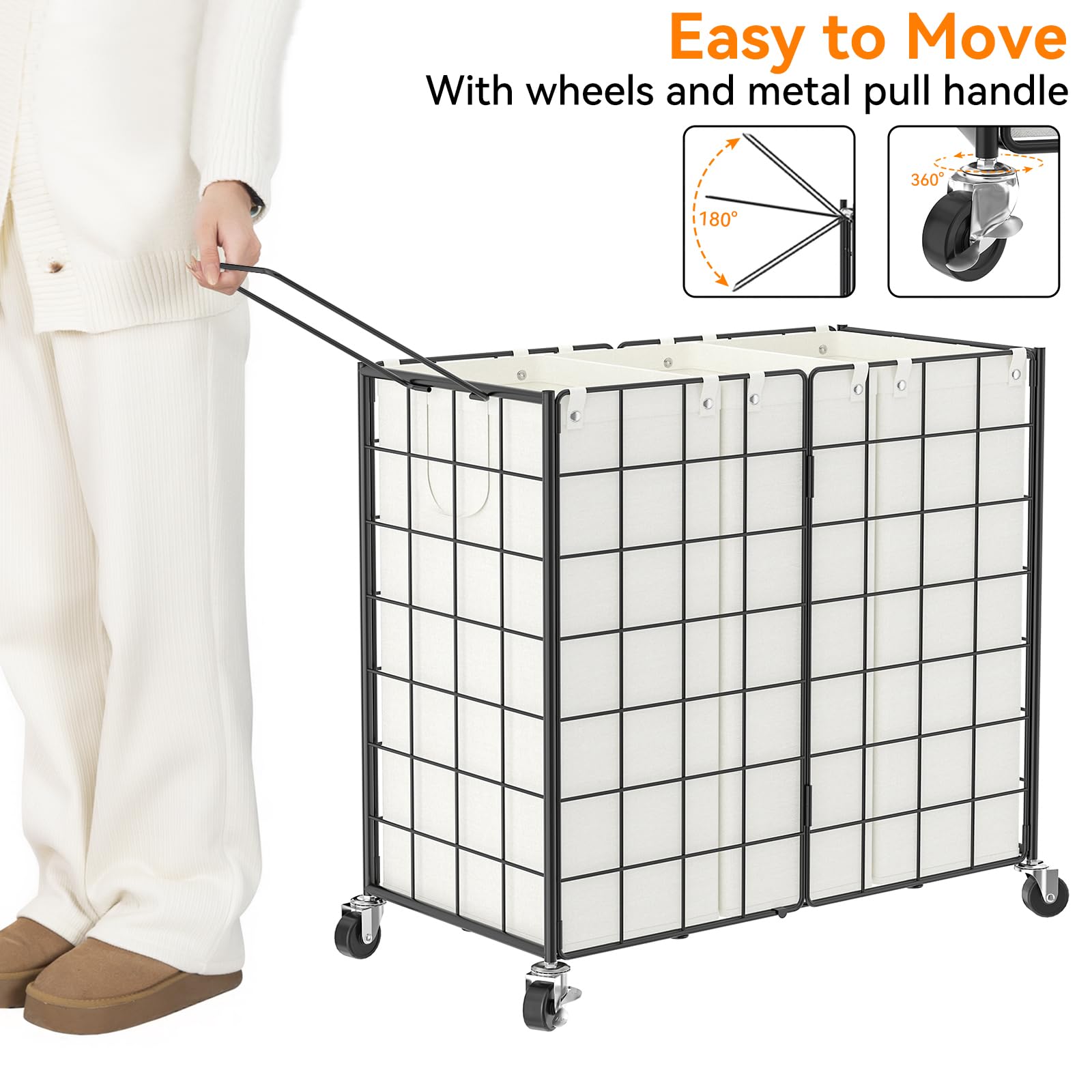 Wowlive Laundry Hamper With Wheels,Metal Wire Frame Rolling Laundry Basket 3 Section With Removable Bags,155L Dirty Clothes Hamp