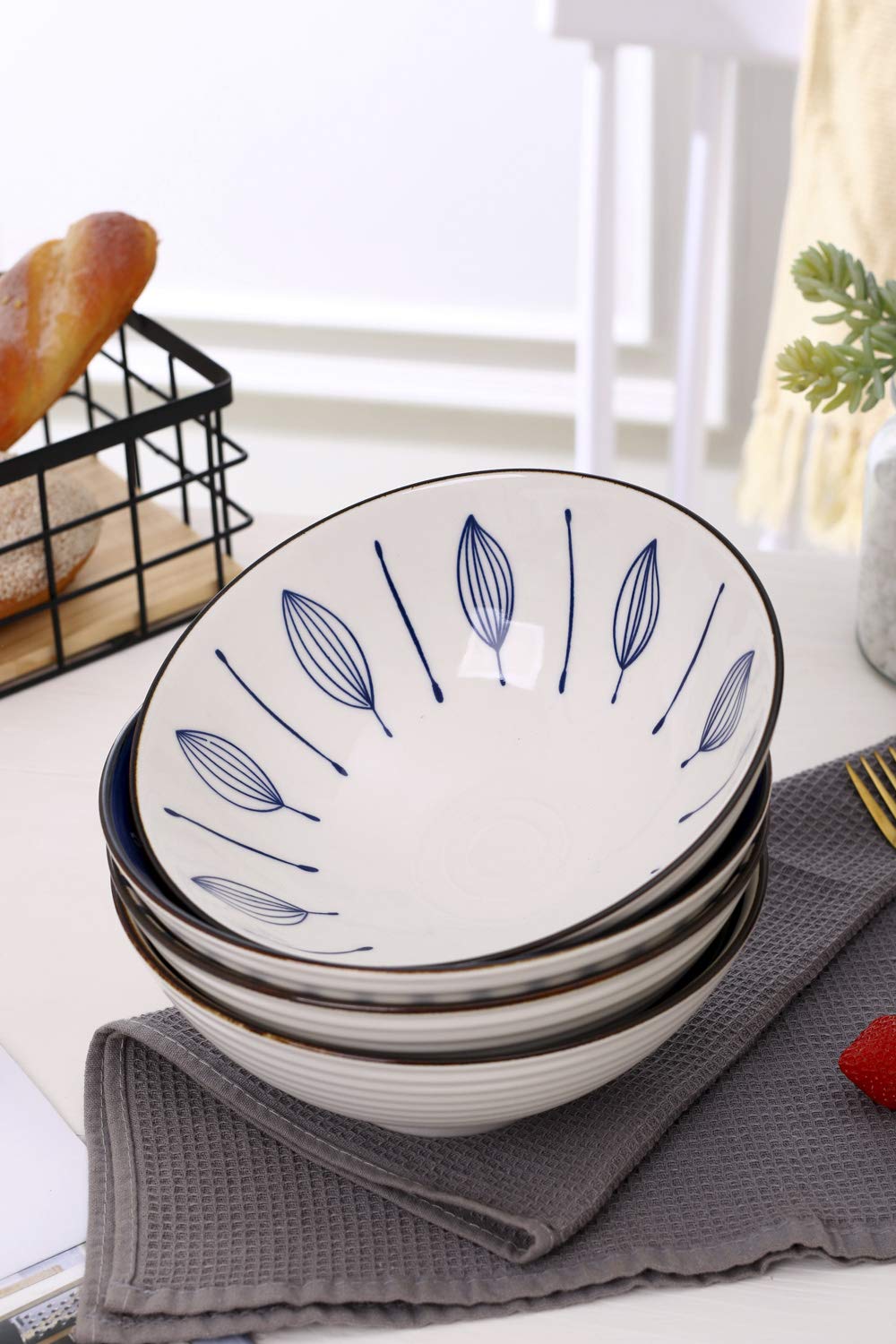 Porcelain Bowls Set Of 4, Ceramic Salad Bowl, Large Serving Bowl For Desserts, Ramen, Pho, Noodles, 35 Ounce,8-Inch Pho, Noodles