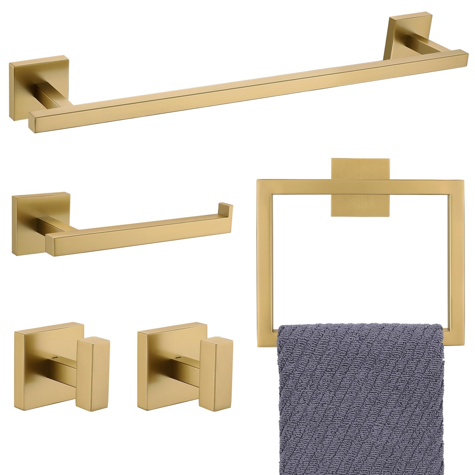 Yacvcl Towel Bar Set, 5-Piece Brushed Gold Bathroom Hardware Set, Gold Bathroom Accessories Set, Sus304 Stainless Steel 23.6 Inc
