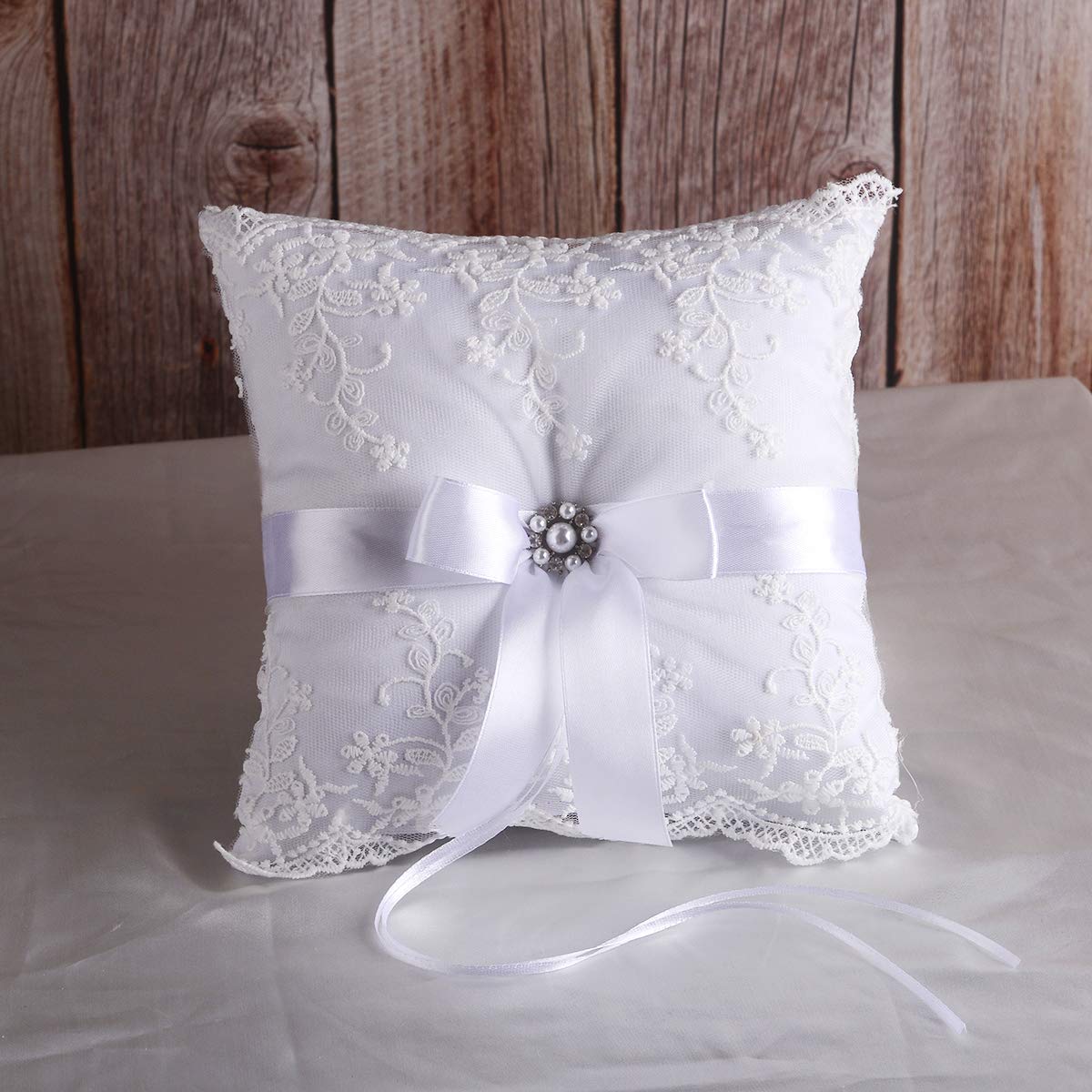 True Love Gift Ring Bearer Pillow And Wedding Flower Girl Basket Set Pearl Rhinestones White Satin Lace Collection