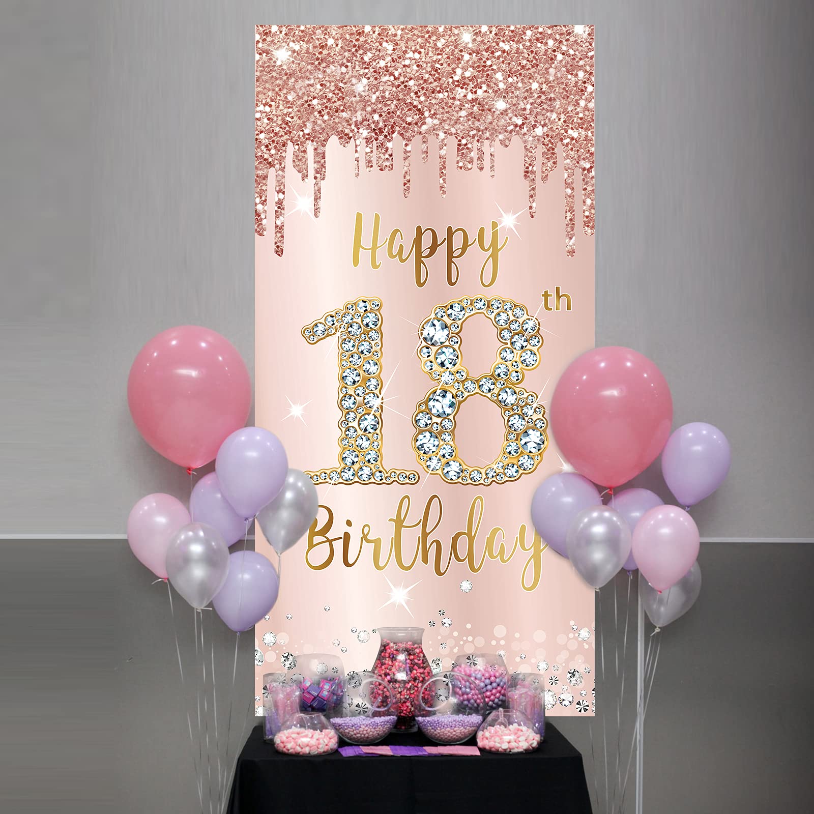 Happy 18Th Birthday Door Banner Backdrop Decorations For Girls, Pink Rose Gold 18 Birthday Party Door Cover Sign Supplies, Eight