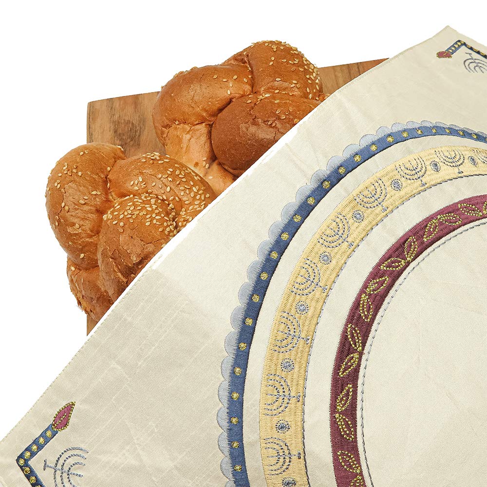 Emanuel Yair Silk Embroidered Challah Cover For Shabbat And Yom Tov Judaica Gift (Menorahs Cmg-5)