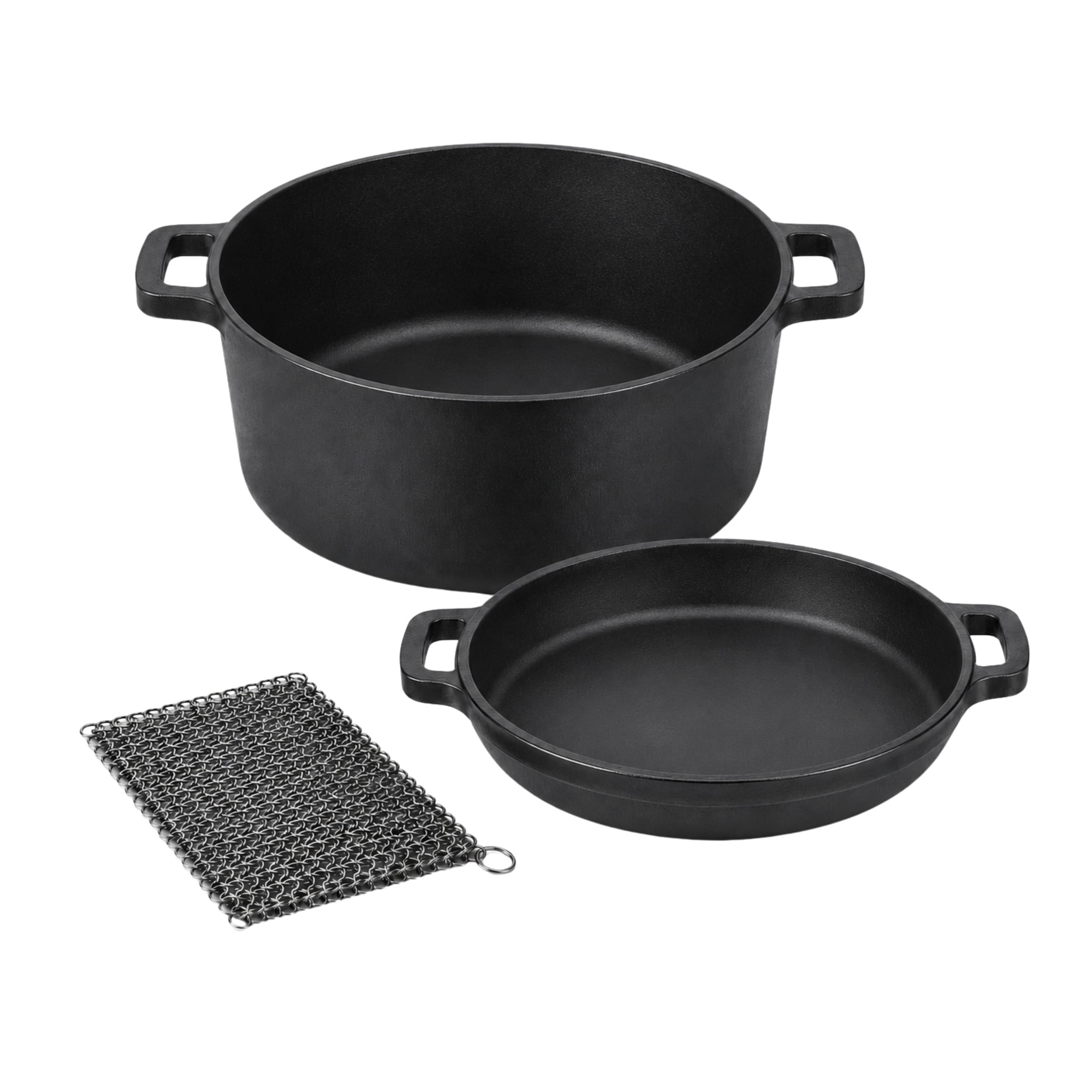DUTCH OVEN CAST IRON POT (4.8L) with Lid (1.2L) & Cleaning Scrubber, HeavyDuty Dish for Casserole and Sourdough Bread, PreSeas