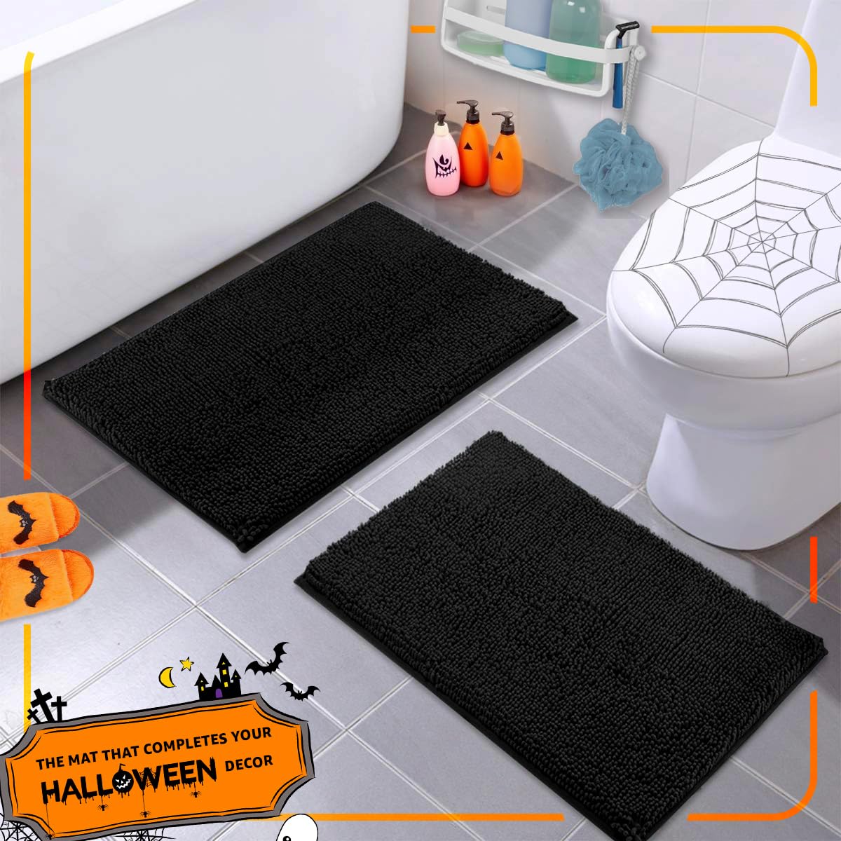 Luxurux Black Bathroom Rug Set-Extra-Soft Plush Bath Mat Shower Bathroom Rugs,1'' Chenille Microfiber Material, Super Absorbent