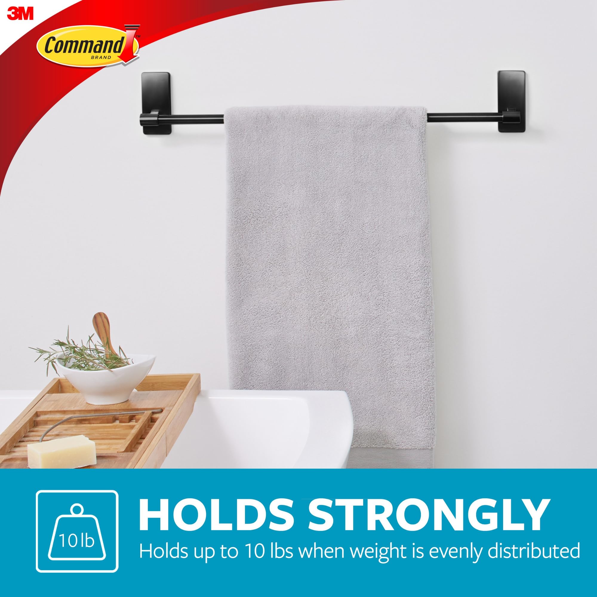 Command Bath Satin Nickel Towel Bar With Water Resistant Command Strips, Bathroom Organizer, 24 In Bar Length Holds Up To 10 Lbs