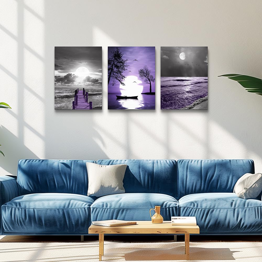 wall decorations for living room 3 Piece framed canvas wall art bathroom artwork for wall painting office bedroom wall decor Black and white ocean purple Landscape modern family Posters home decor