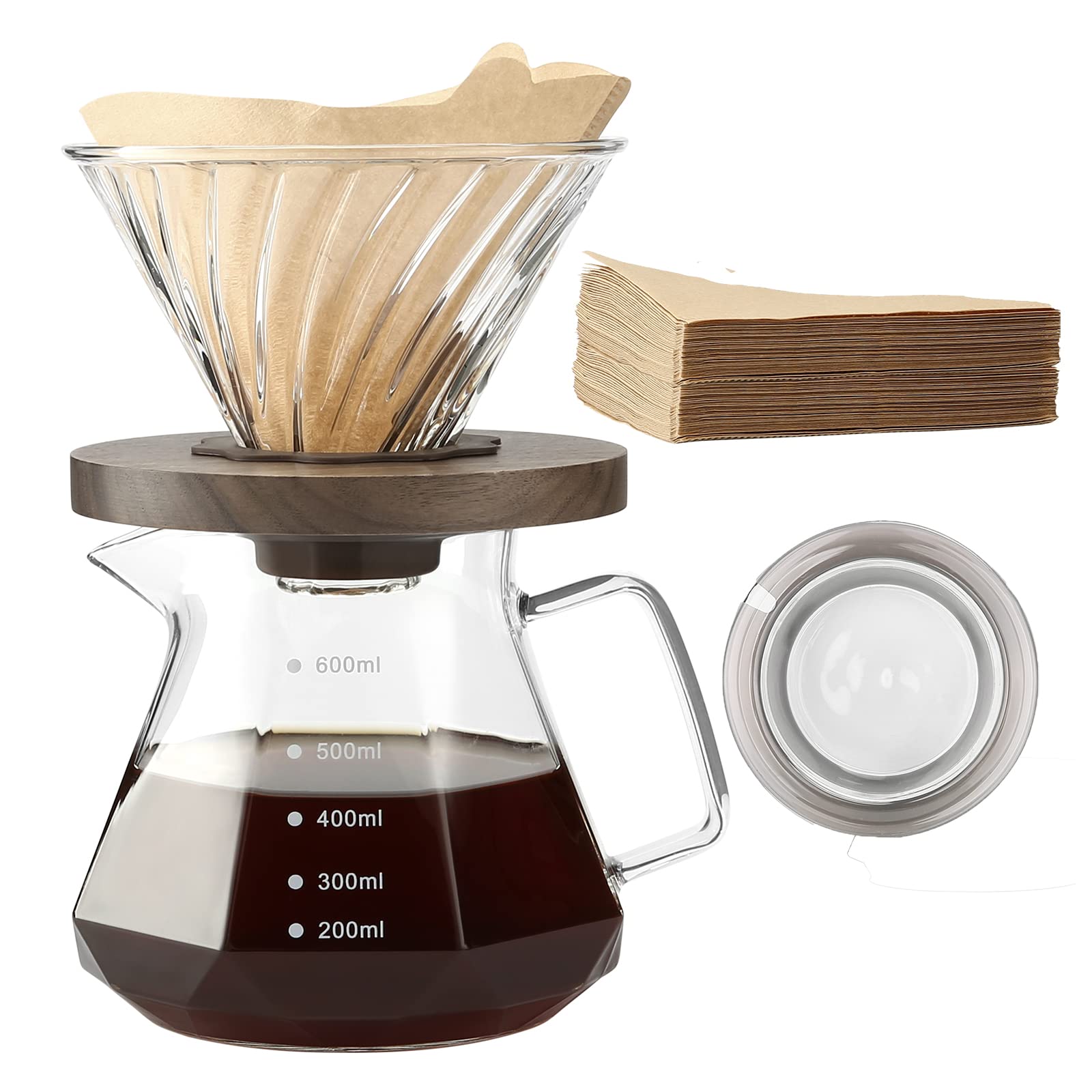 Lalord Pour Over Coffee Maker, 20 Oz Borosilicate Glass Carafe With 100 Pcs V60 Paper Filter, Walnut Handle & Glass Lid, Drip Co