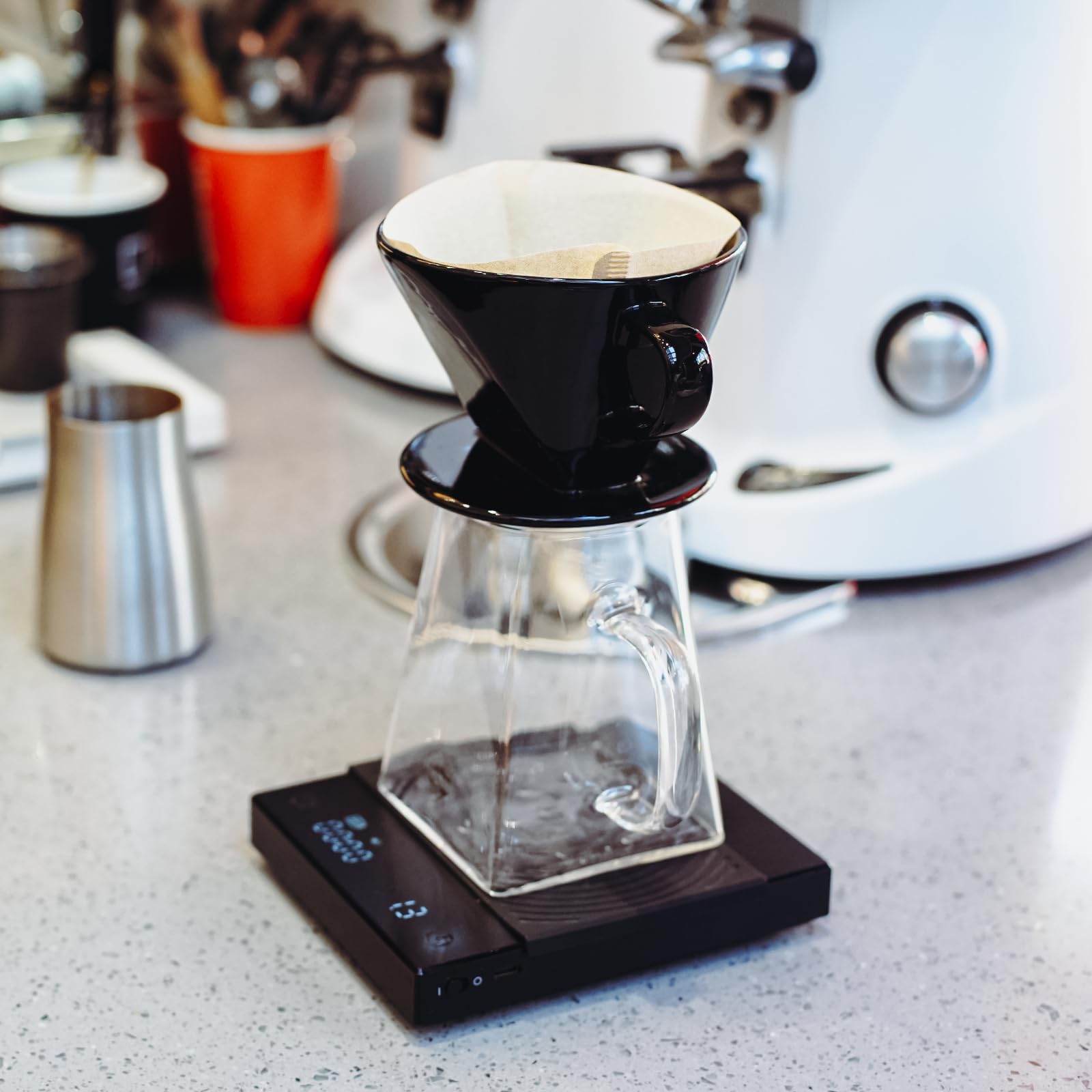 Pour Over Coffee Dripper Set By Crosscreek With Heat-Resistance Black Cone Ceramic Dripper, Glass Square Carafe, 30Pcs #2 Paper