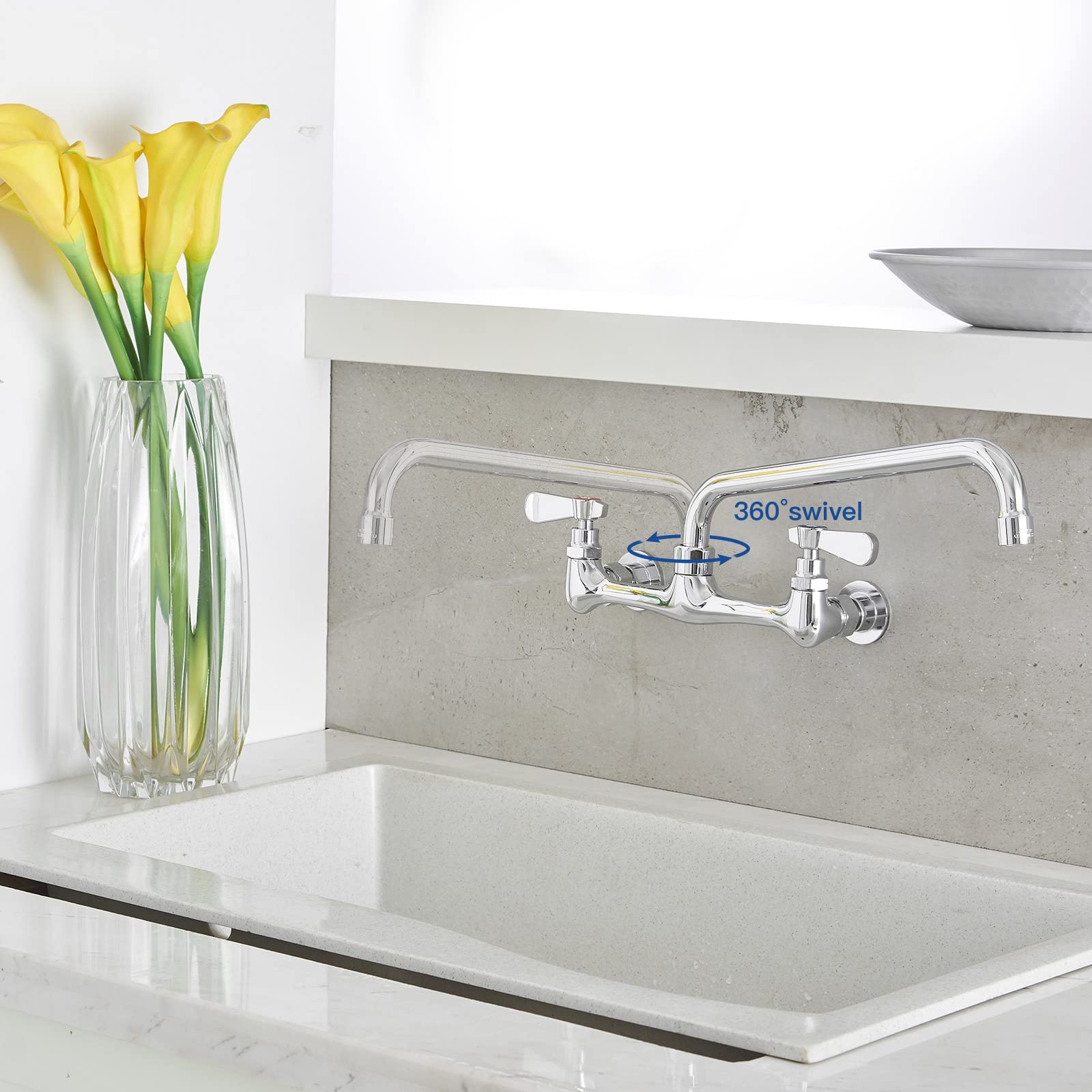 Bwe Kitchen Faucet Wall Mount 2 Handles Commercial Sink Faucet With 16 Inch Swivel Spout Kitchen Faucets, Utility Laundry Faucet