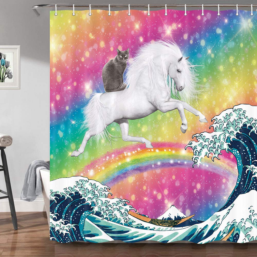 Jawo Funny Cat Shower Curtain, Cool Cat Riding Unicorn On Ocean Wave Colorful Bathroom Curtains, Rainbow Stars Kids Girls Shower