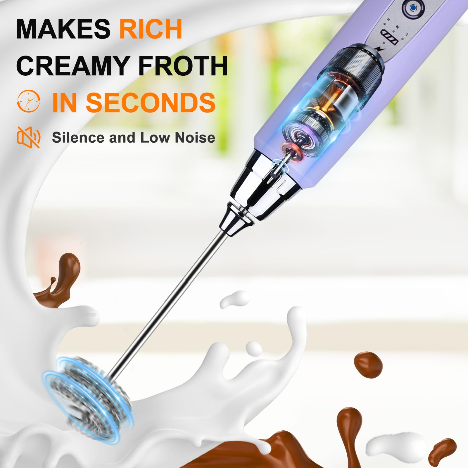 YUSWKO Handheld Milk Frother for Coffee  Rechargeable Drink Mixer with 3 Heads 3 Speeds Electric Whisk Coffee Frother For Latte  Cappuccino  Hot Chocolate  Egg - Light Purple