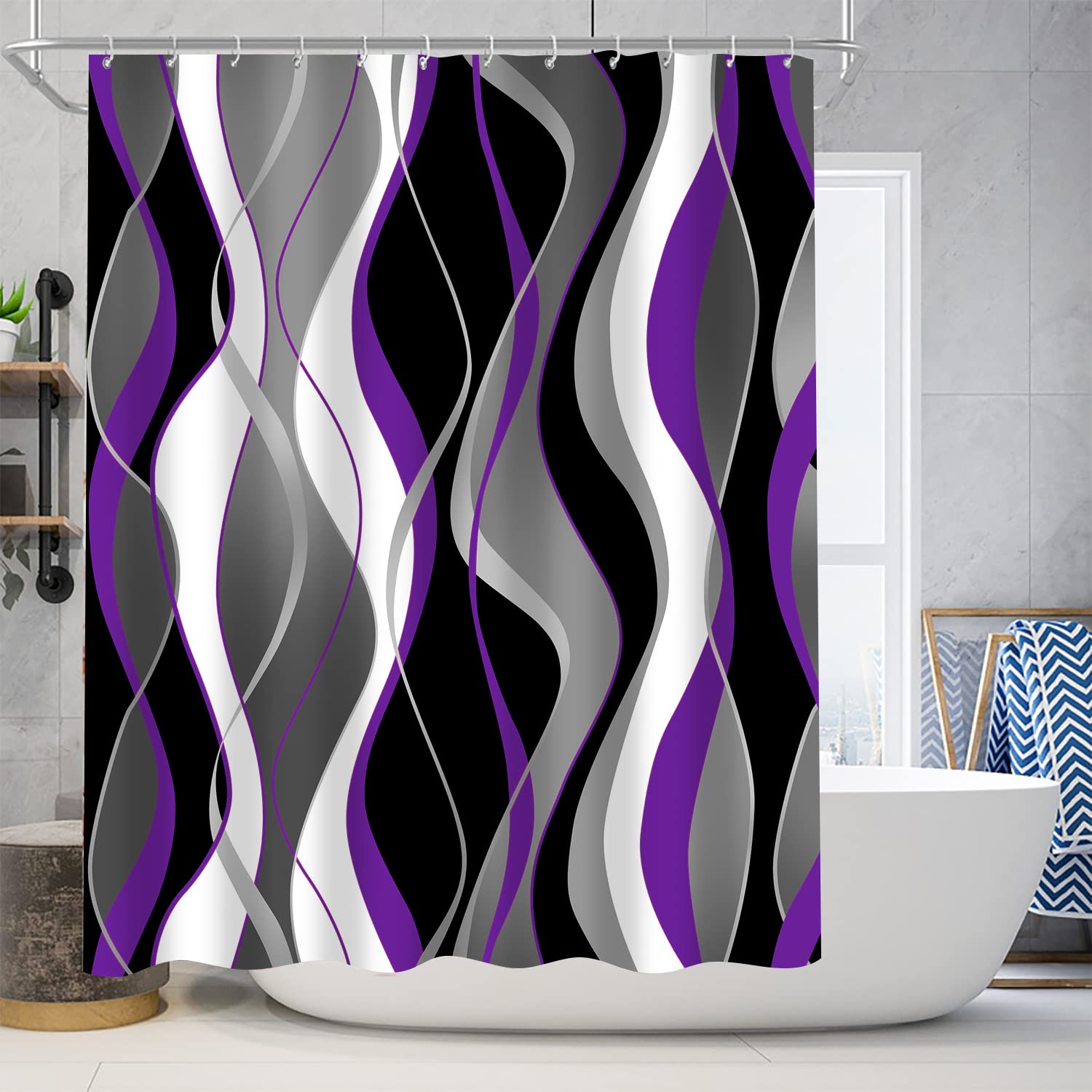 Nkzply 4 Pcs Purple And Black Striped Shower Curtain Set Grey And White Bathroom Sets With Shower Curtain And Rugs Purple Modern