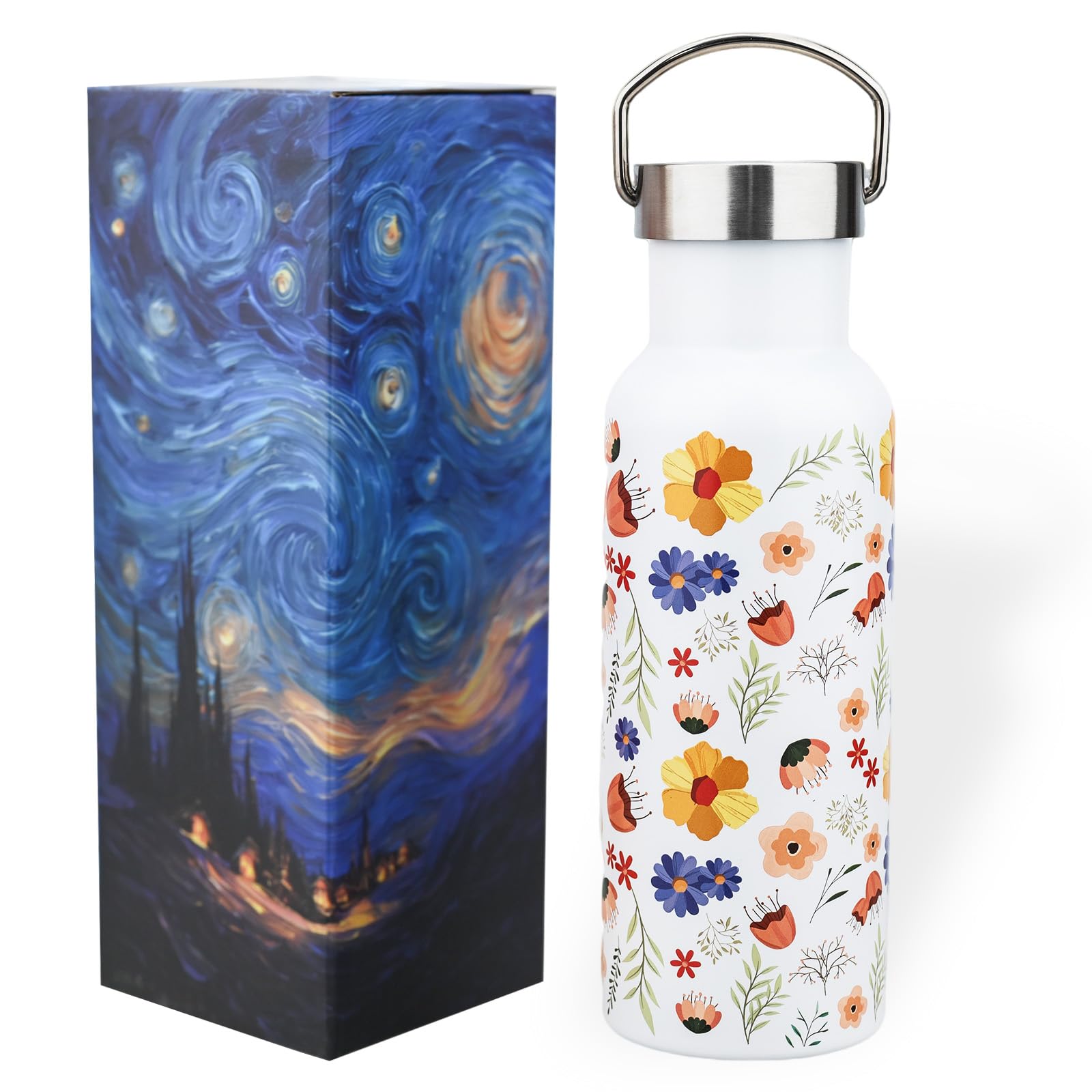 MeowvCraft Insulated Stainless Steel Water Bottle, White Floral 17oz
