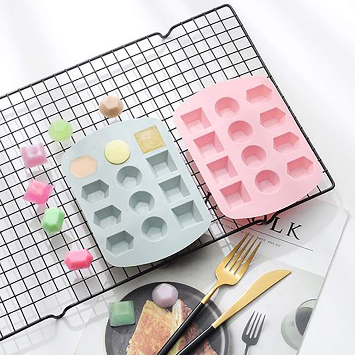 Nicunom 6 Pack Silicone Gem Shapes Candy Molds, 12 Cavity Diamond Cube Tray For Making Jelly, Candy, Chocolate, Cake Decorating,