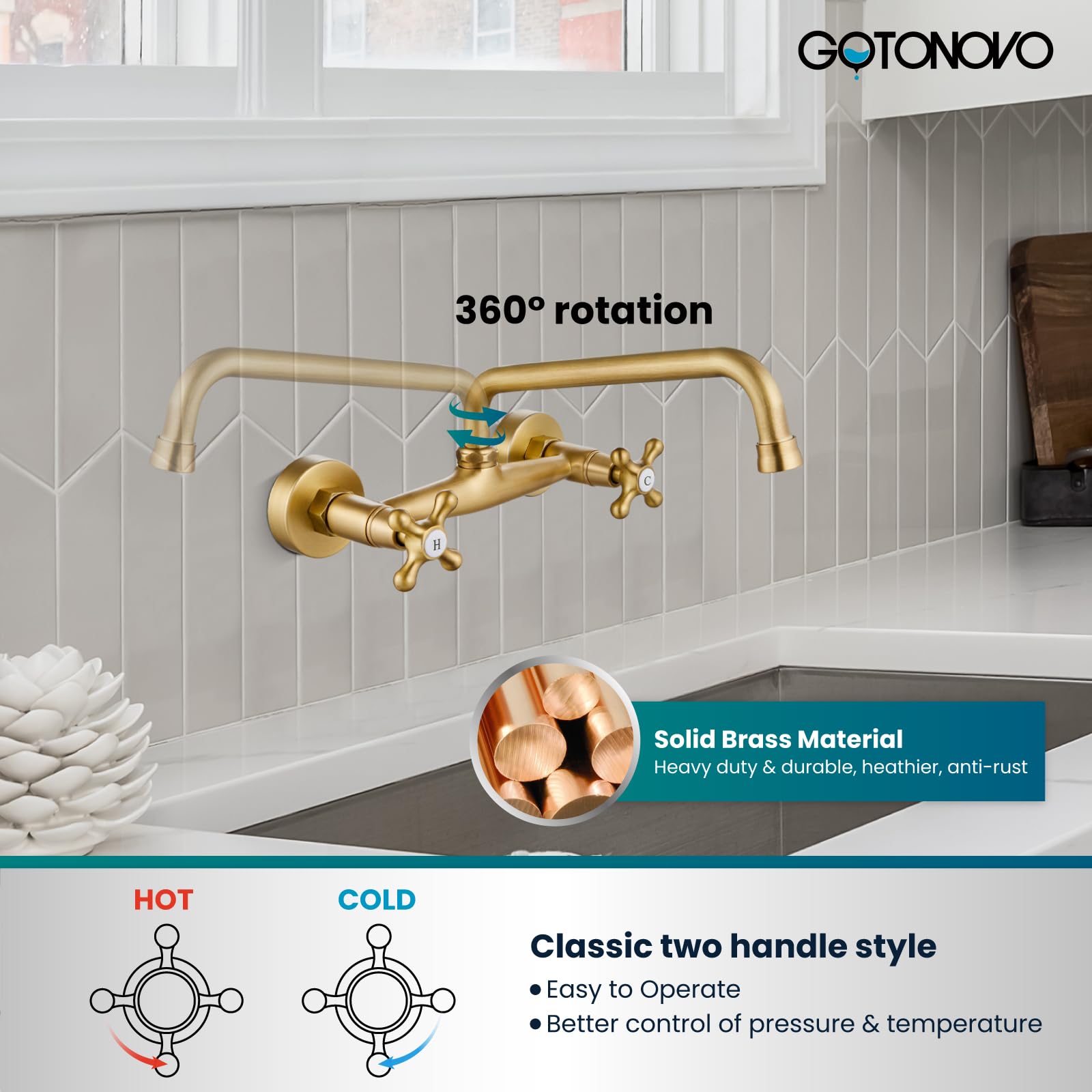 Gotonovo Wall Mount Faucet 8 Inch Center Antique Brass Kitchen Sink Taps 2 Cross Knobs Handle Victorian Commercial With 9 Inch S