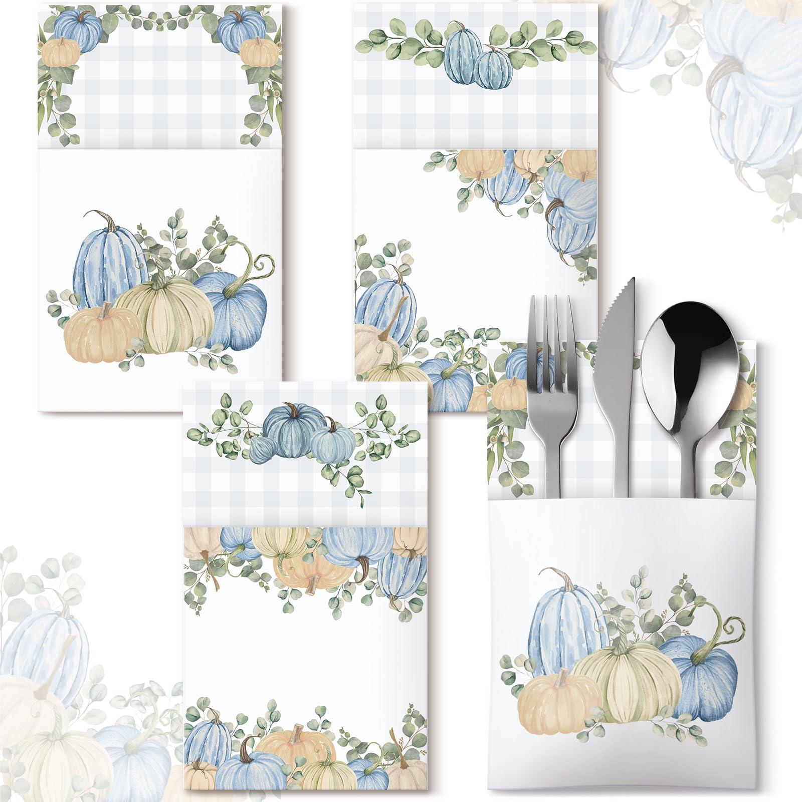 Sliner 48 Pcs Thanksgiving Cutlery Holder Fall Utensil Holder Blue Pumpkin Silverware Paper Bag Pockets Silverware Paper Pocket