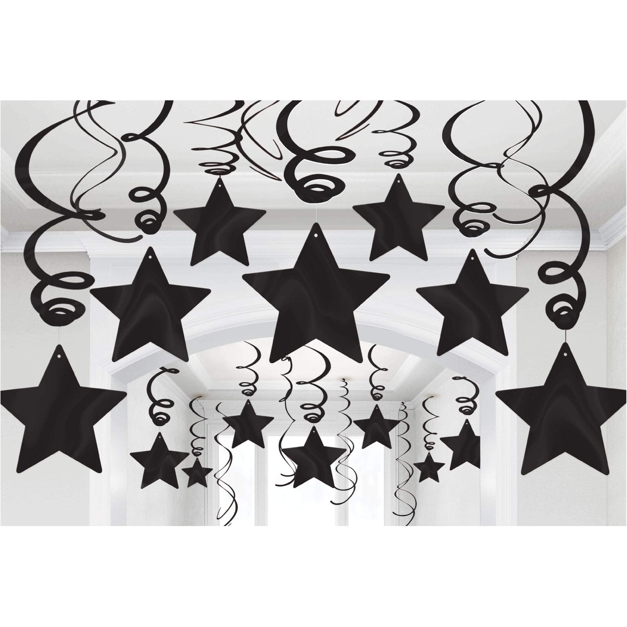 Amscan Black Shooting Stars Hanging Foil Swirls - 18'' & 24'' (30 Pcs) - Party Decorations For Birthdays, Graduations, And Festi