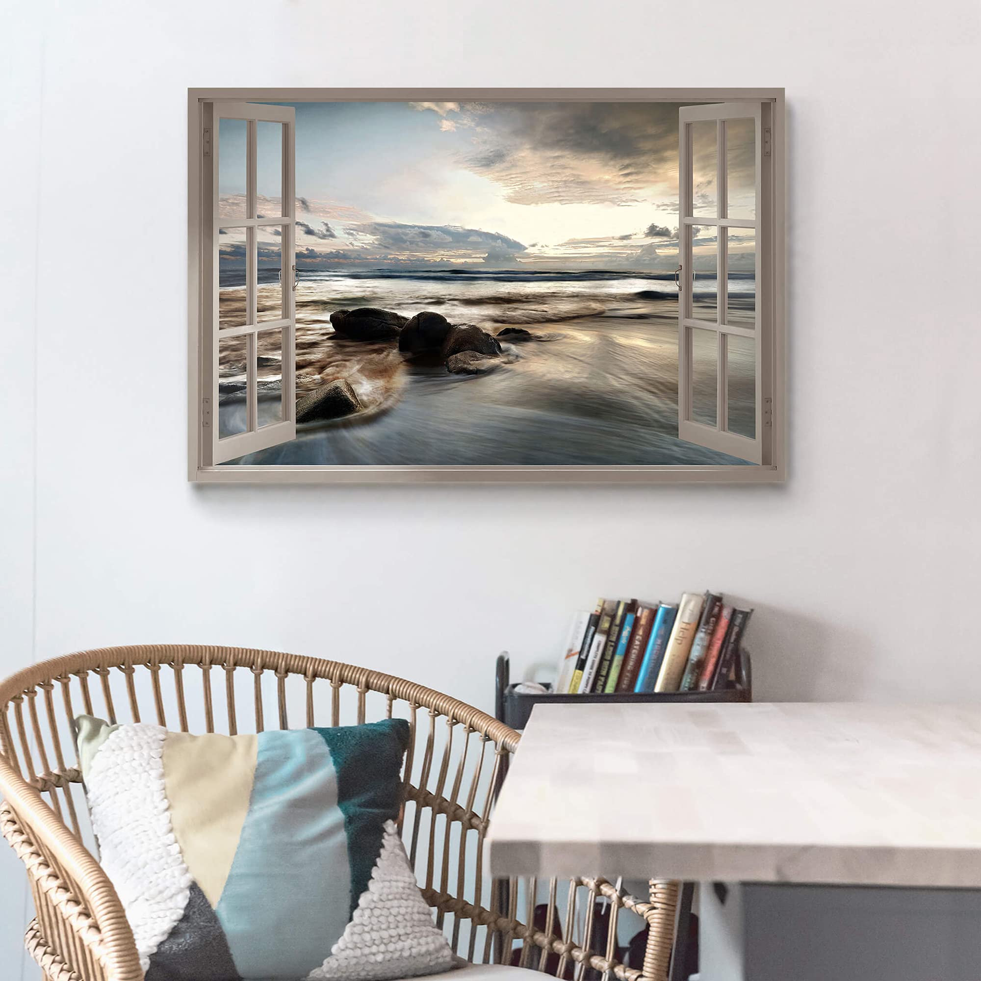 SunFlax Ocean Open Window Canvas Art - Sunset Beach Seascape, 36L x 24W, Modern Nature Landscape for Bedroom & Living Room