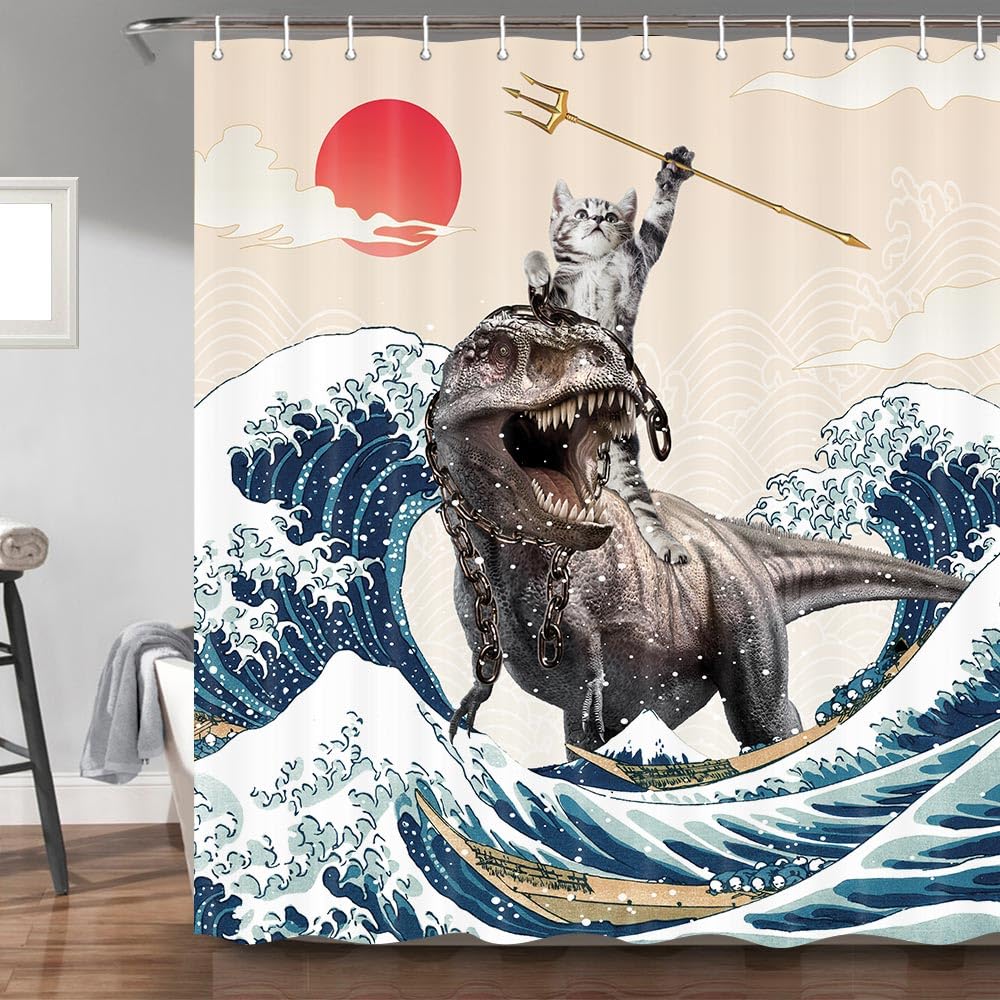Uokiuki Funny Cat Shower Curtain, Cute Cat Riding Dinosaur Japanese Ocean Waves Shower Curtain With Hooks, Nautical Coastal Fabr