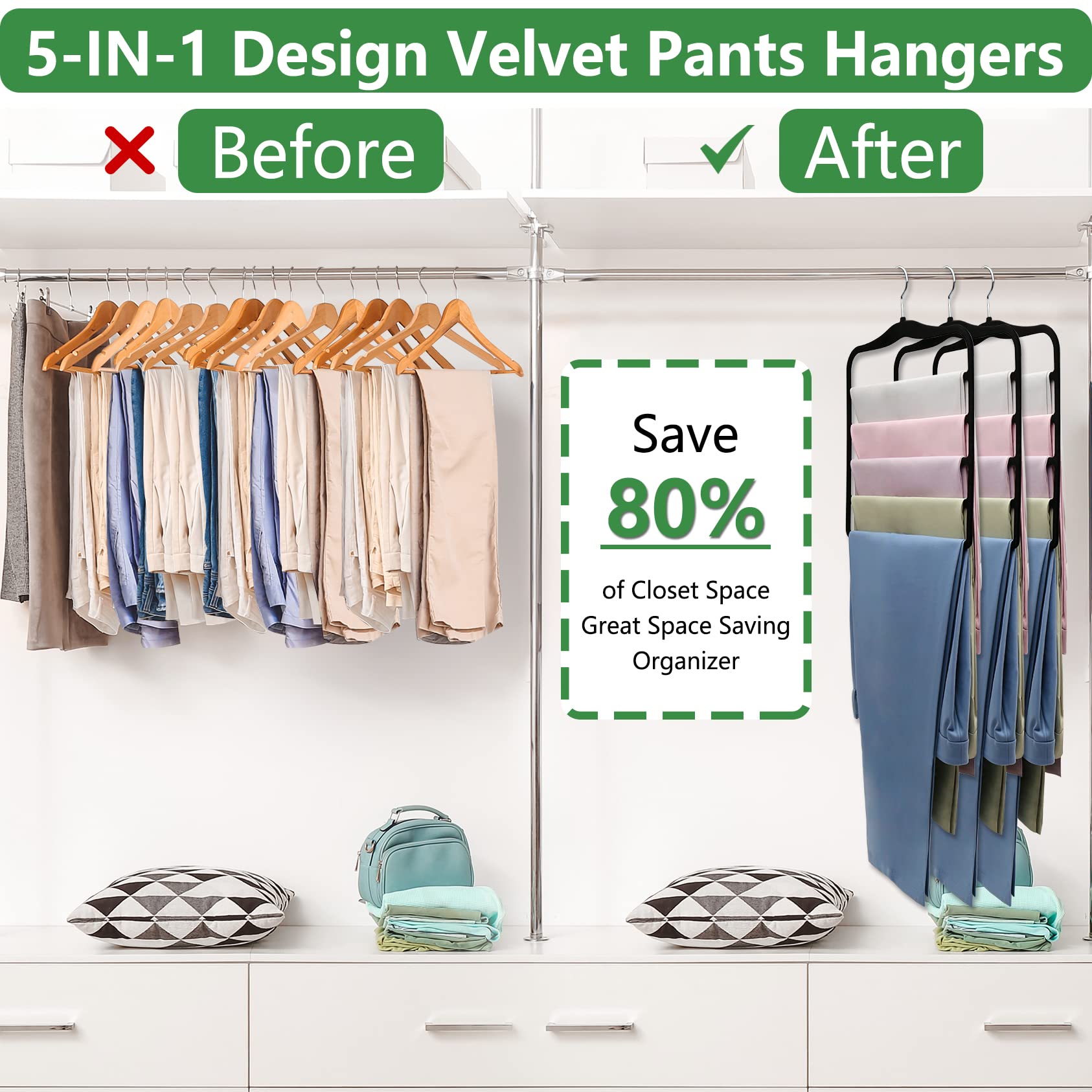 Pants Hangers Space Saving 5P Scarf Hangers for Closet Organizers and Storage Non Slip Velvet Hanger for Closet Organizer College Dorm Room Essentials Heavy Duty Organization and Storage Jean Hangers