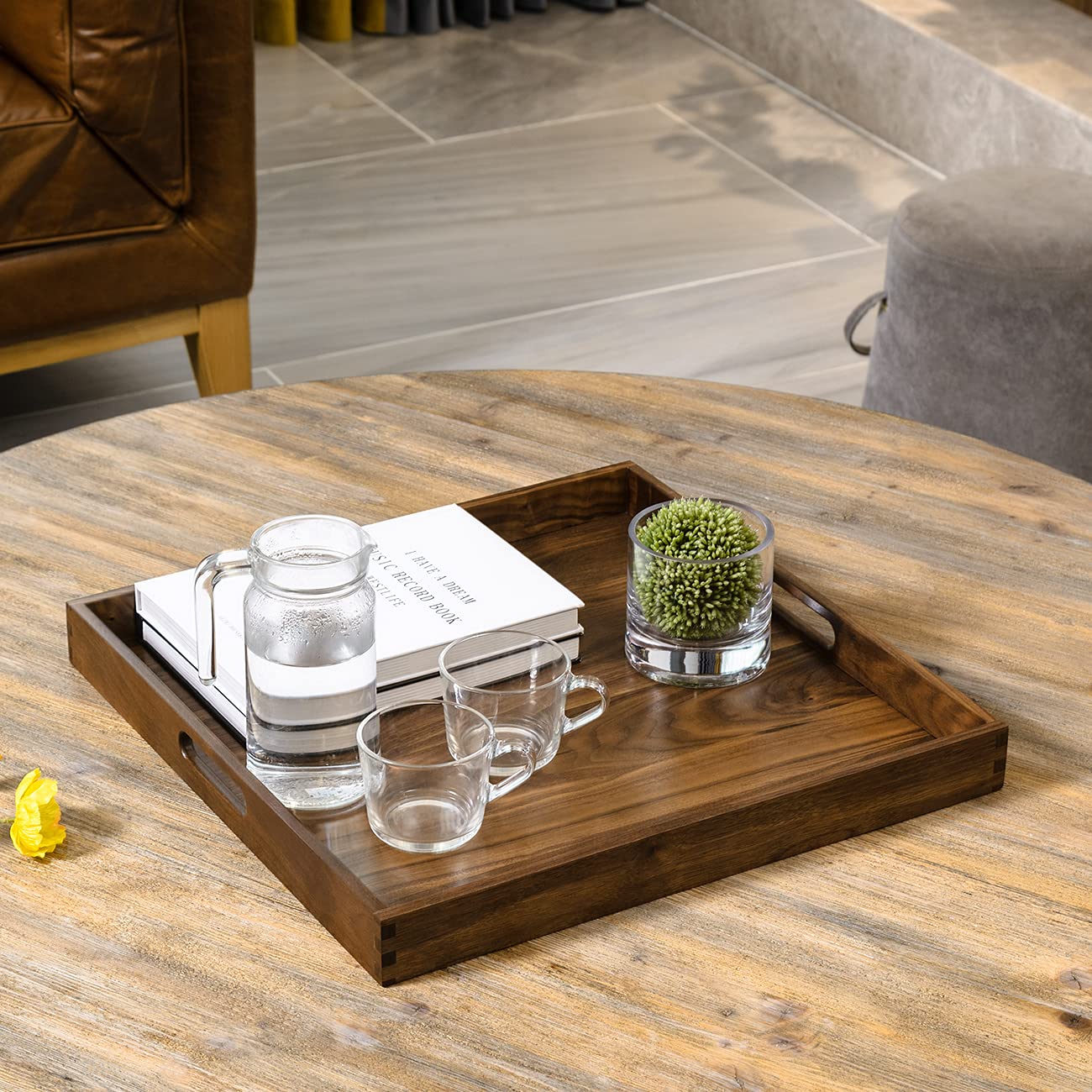 Kingcraft 19 X 19 Inches Black Walnut Large Ottoman Tray Wooden Table Tray Square Solid Serving Tray With Handles Platter Decora