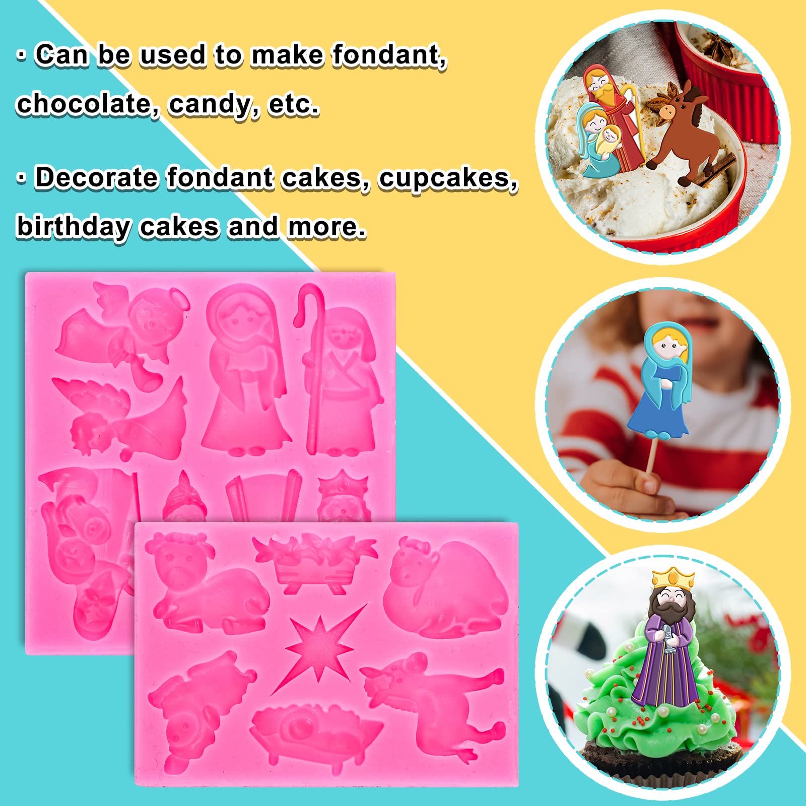 Whaline 2Pcs Christmas Fondant Molds Nativity Silicone Moulds Night of Birth Resin Baking Molds Jesus' Birth Theme Cake Decorating Molds for Xmas Handmade DIY Candy Chocolate Cookie Sugarcraft