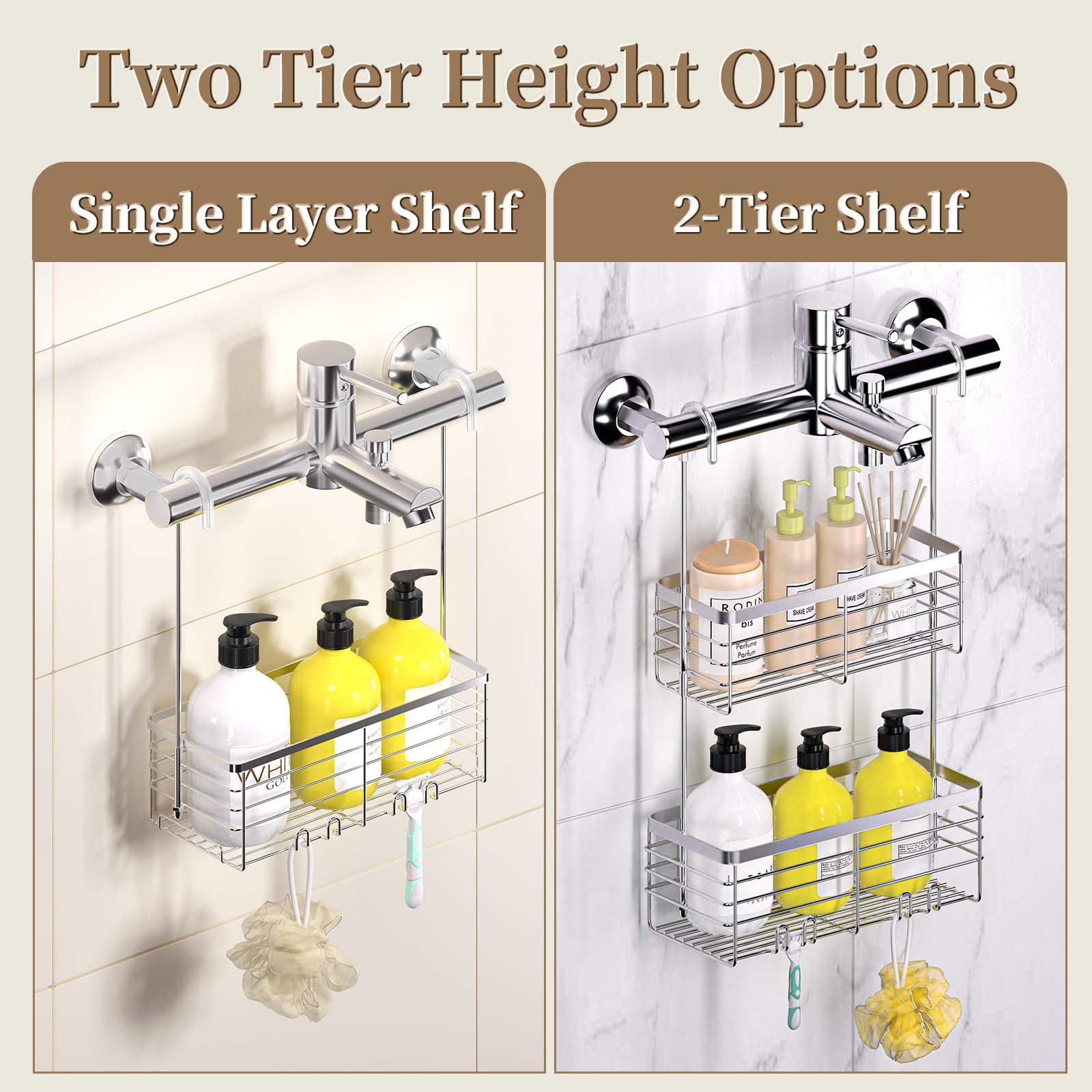 Dellan Hanging Shower Organizer, 2-Tier Shower Rack With Hooks Over The Door, Bathroom Shower Caddy And Basket