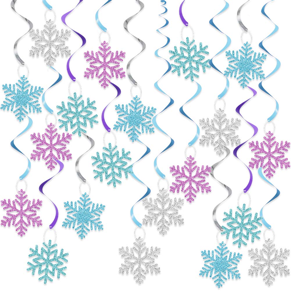 20Pcs Winter Snowflake Hanging Swirls Decorations, Winter Hanging Ceiling Streamers Purple Blue White Frozen Snowflakes Garland