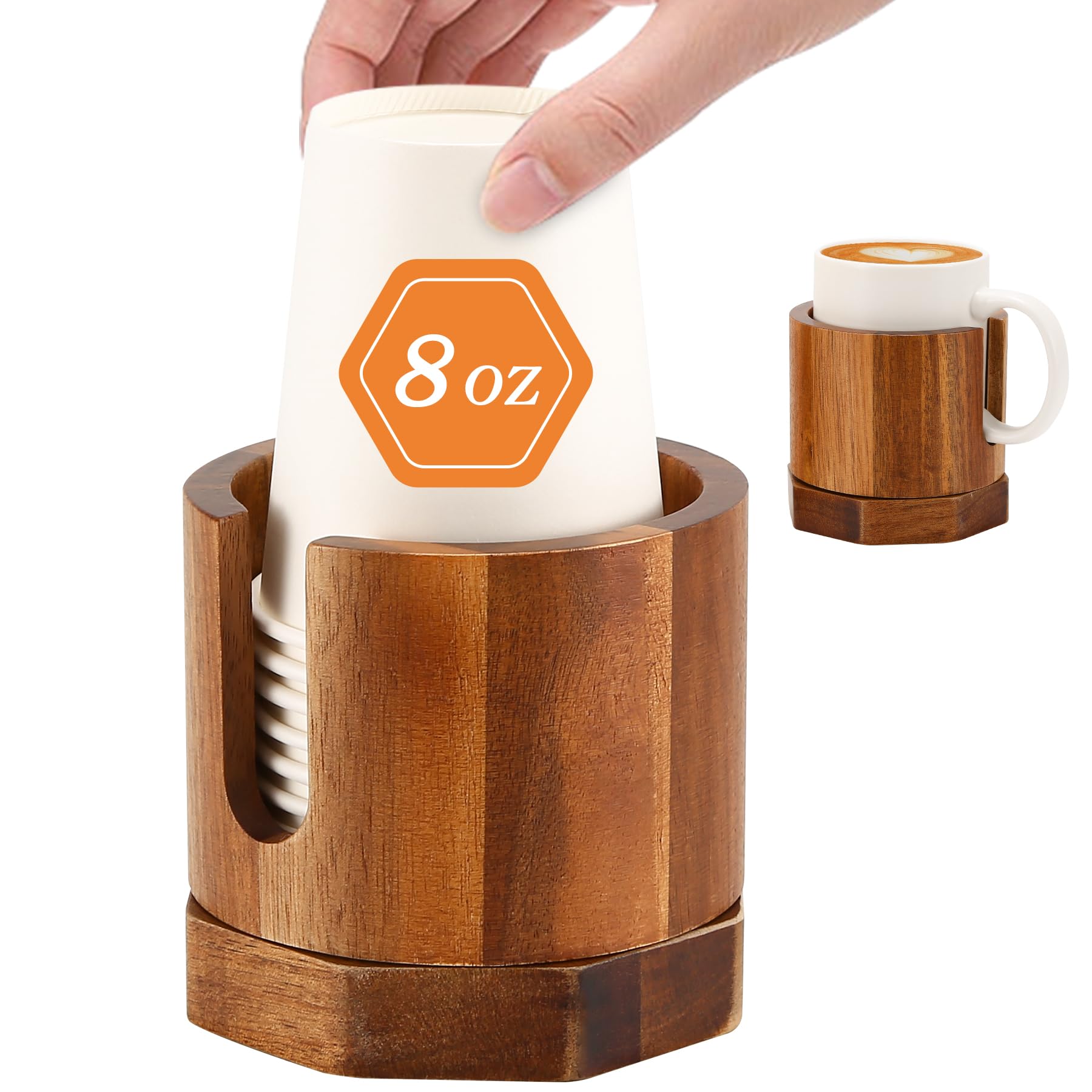 Nnewvante Cup Dispenser, 5-8Oz Bathroom Cup Holder, Acacia Wood Coffee Cup Dispenser, Dual-Purpose Paper Cup Holder & Anti-Spill