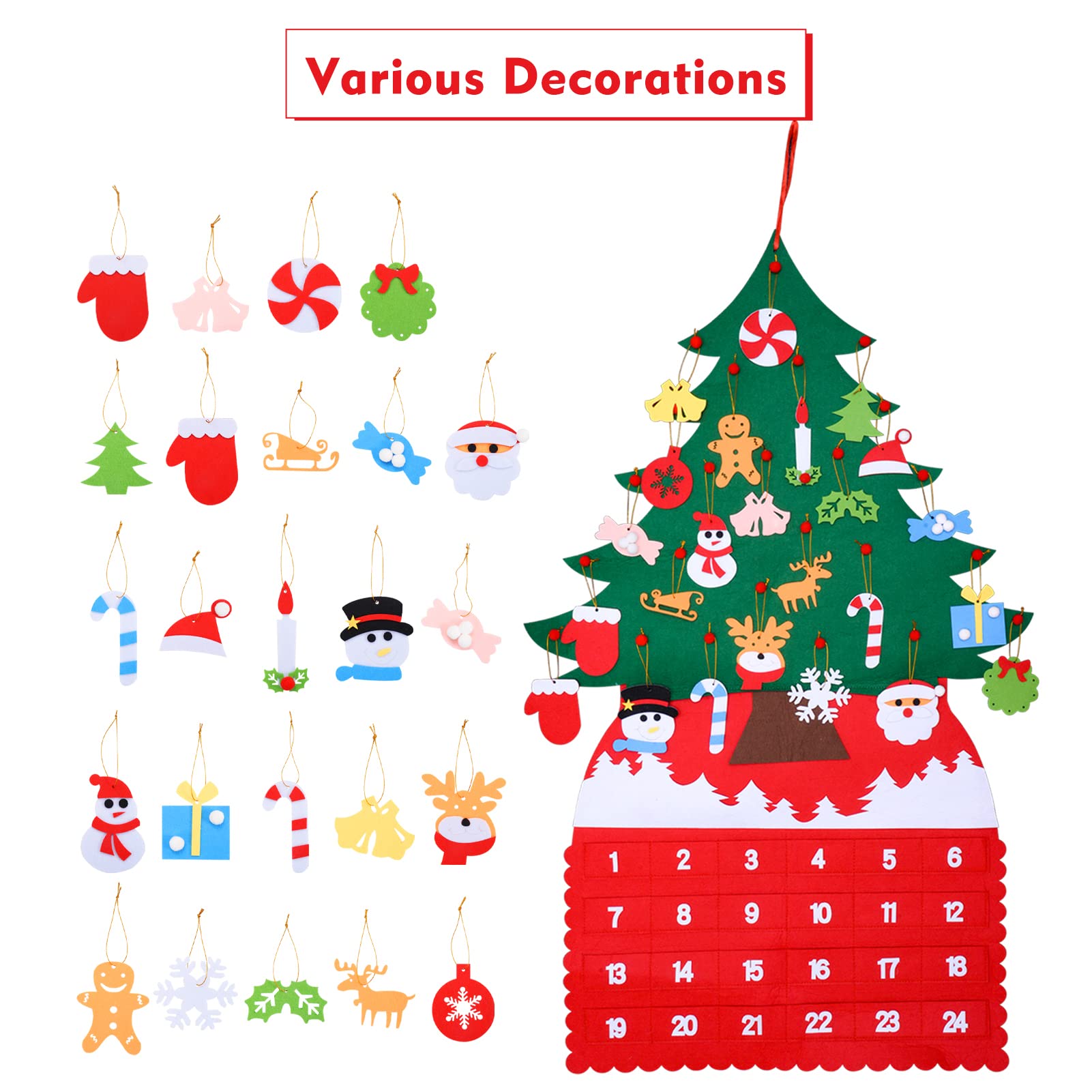 Christmas Tree Advent Calendar (2024 New), 24 Days Countdown to Christmas Felt Fabric Advent Calendar with 24 Ornaments & Pocket