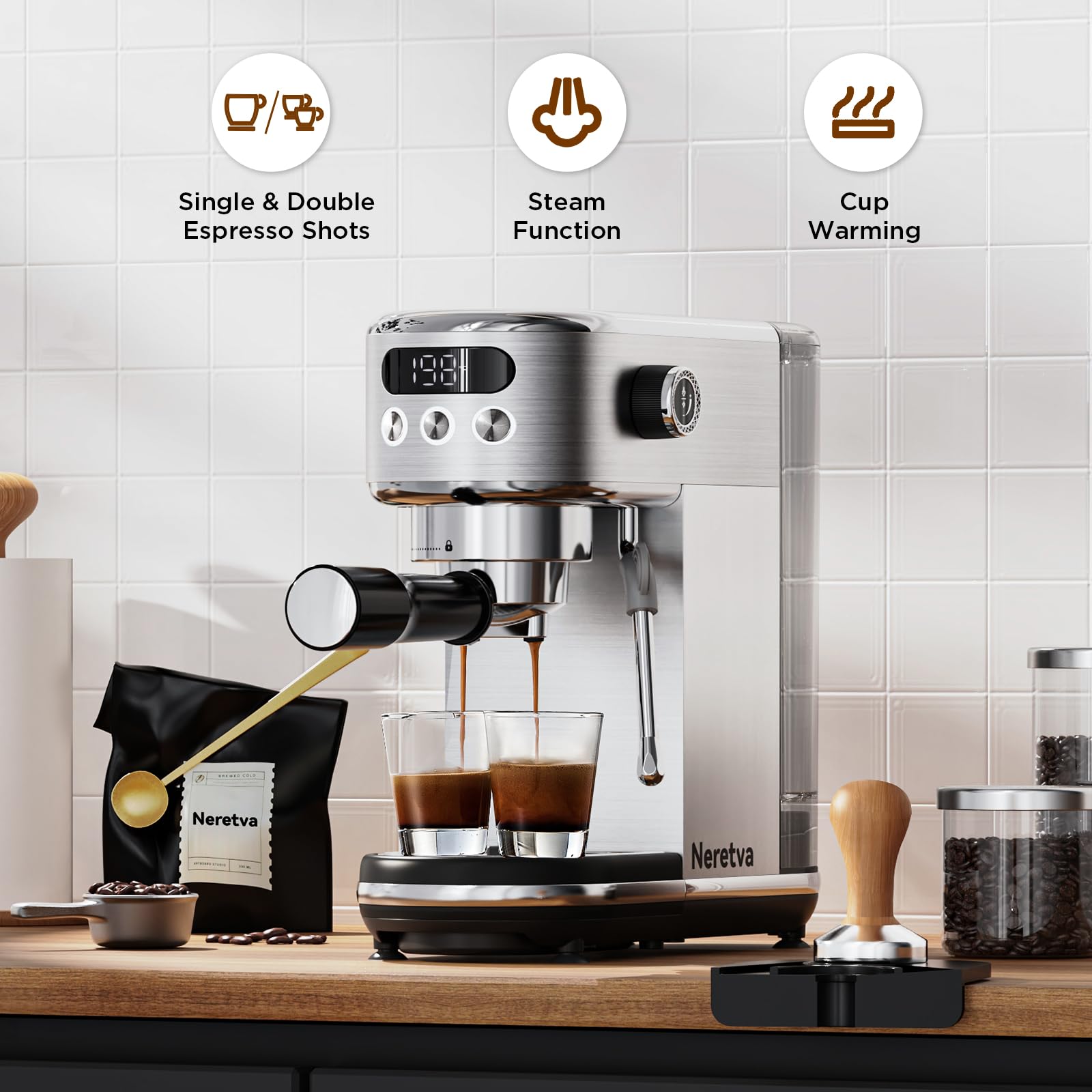 Neretva Espresso Machine 20 Bar, Compact Stainless Steel Coffee Maker with LED Display & Milk Frother, Silver, Model PE3670U