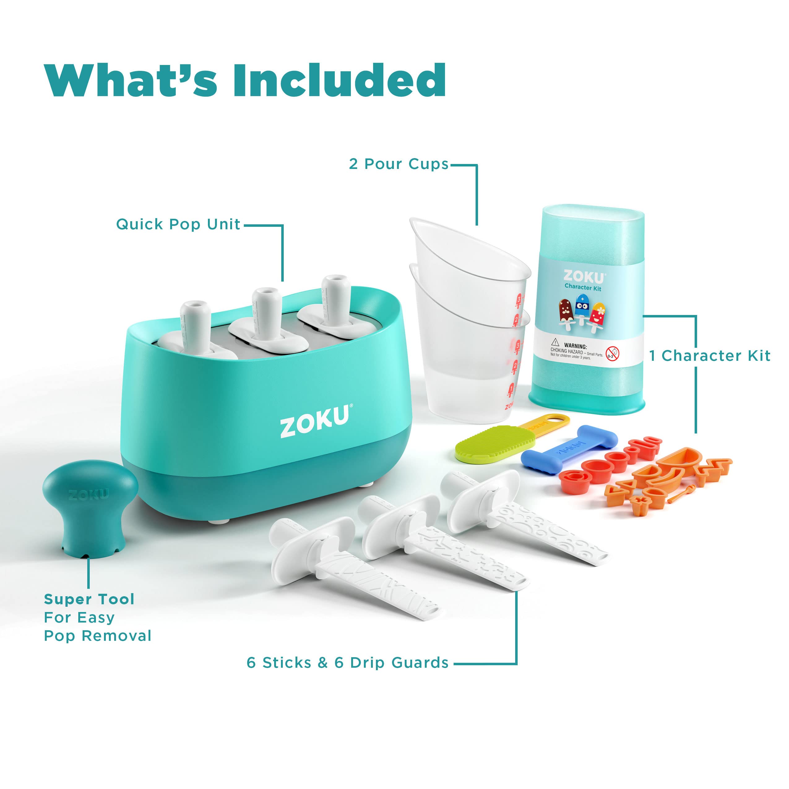 ZOKU Triple Quick Pop Maker - Create 3 Popsicles in Minutes, Blue, Model ZK101 2BL, Includes Sticks, Tool, and Character Kit