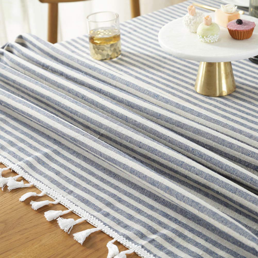 Amzali Stripe Tassel Tablecloth Cotton Linen Resistantdust-Proof Table Cover For Kitchen Dinning Tabletop Decoration (Rectangleo