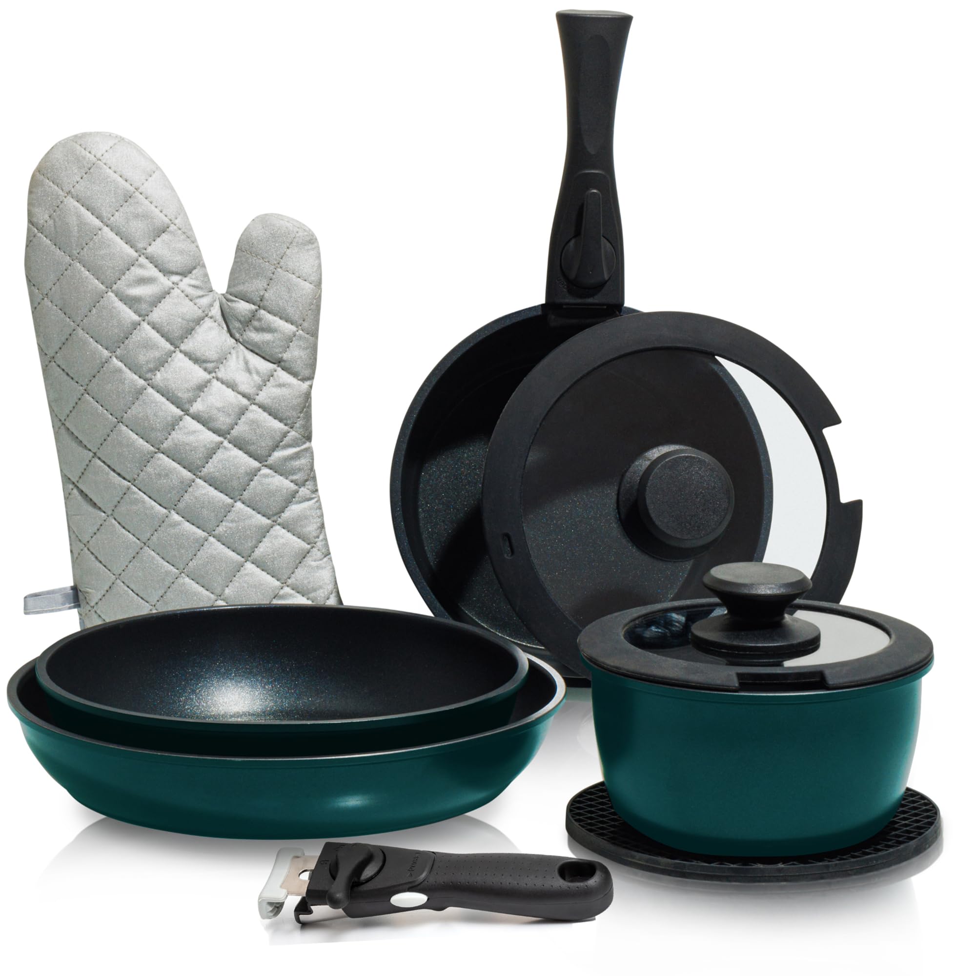 Moss & Stone Aluminum Pots And Pans Set Nonstick, Removable Handle Cookware, Stackable , Dishwasher Safe, Induction Camping Cook