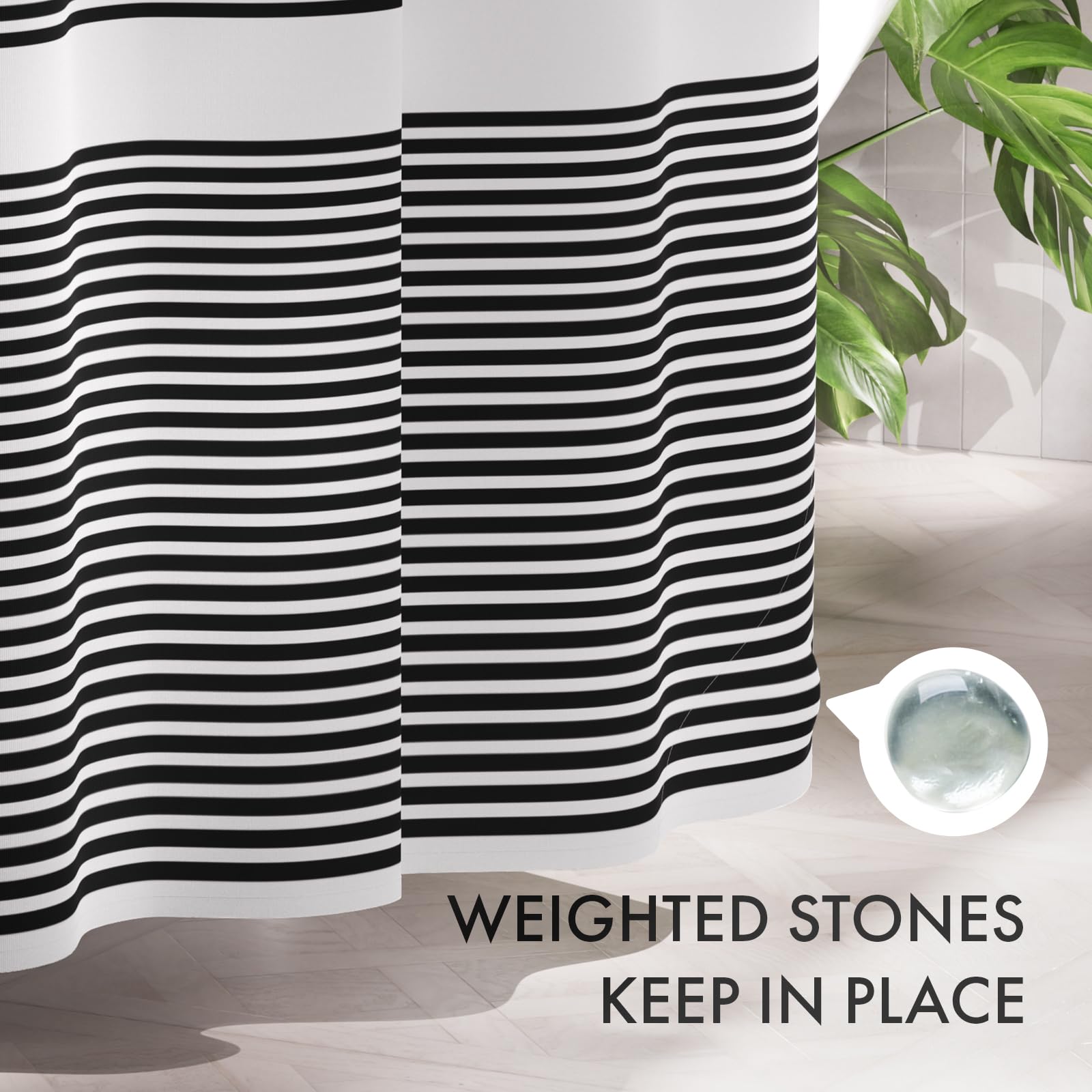 AmazerBath Shower Curtain Sets  Washable Cloth Black Shower Curtain with 12 Hooks  Fabric Rustic Black and White Striped Farmhouse Bathroom Shower Curtain  72x72 Inches
