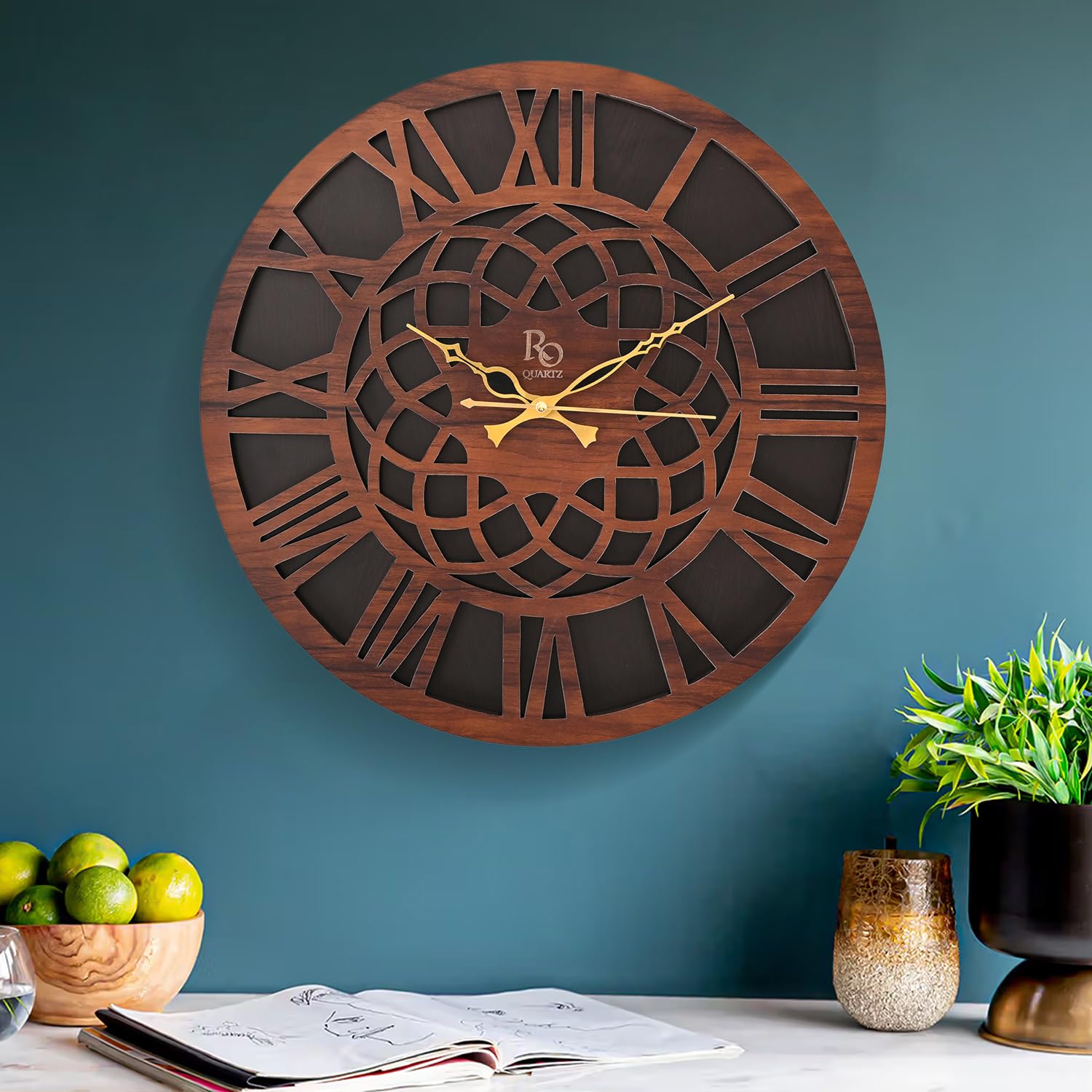 Regiis Opera Engineered Wood Round Shape Wall Clock With Roman Dial And Silent Quartz Movement | Decorative Wooden Anti Reflecti