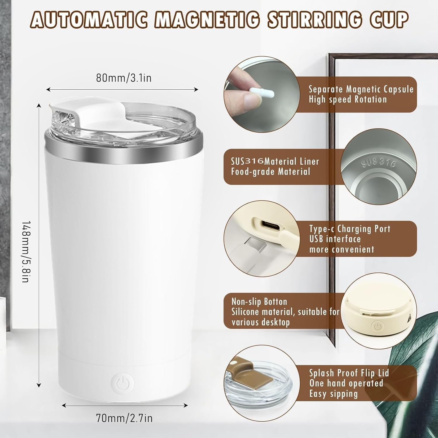 Self Stirring Mug With Lid 13.5 Oz Electric High Speed Mixing Cup 400Ml Rechargeable Automatic Stirring Coffee Mixer Cup(Color:W