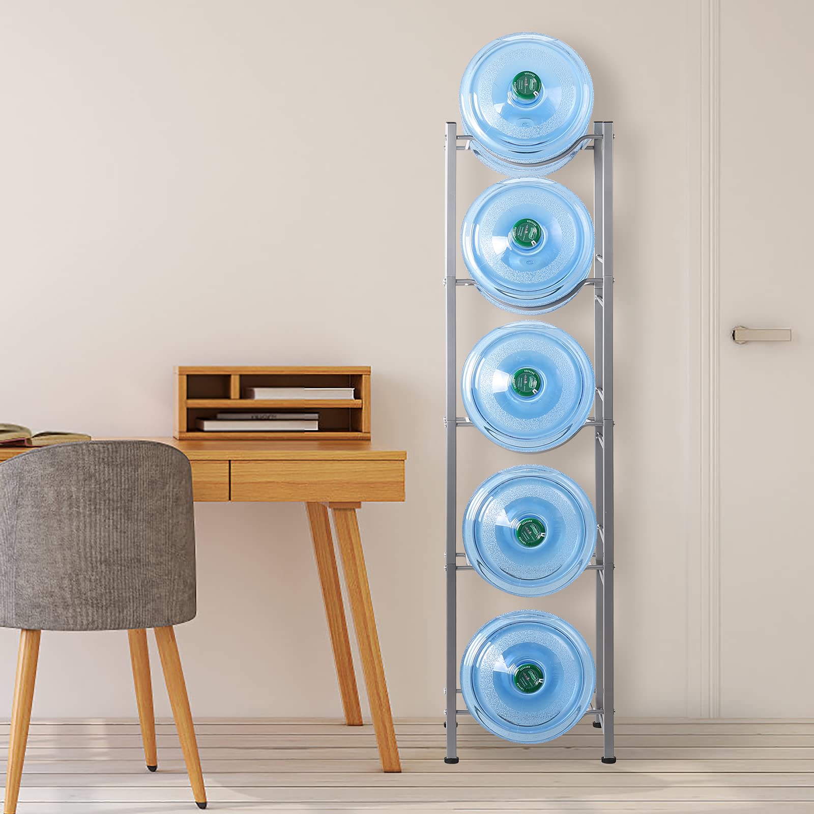 5 Gallon Water Jug Rack, 5-Tier Water Bottle Holder Storage Rack, Water Jug Organizer For Kitchen,Office,Garage, Silver