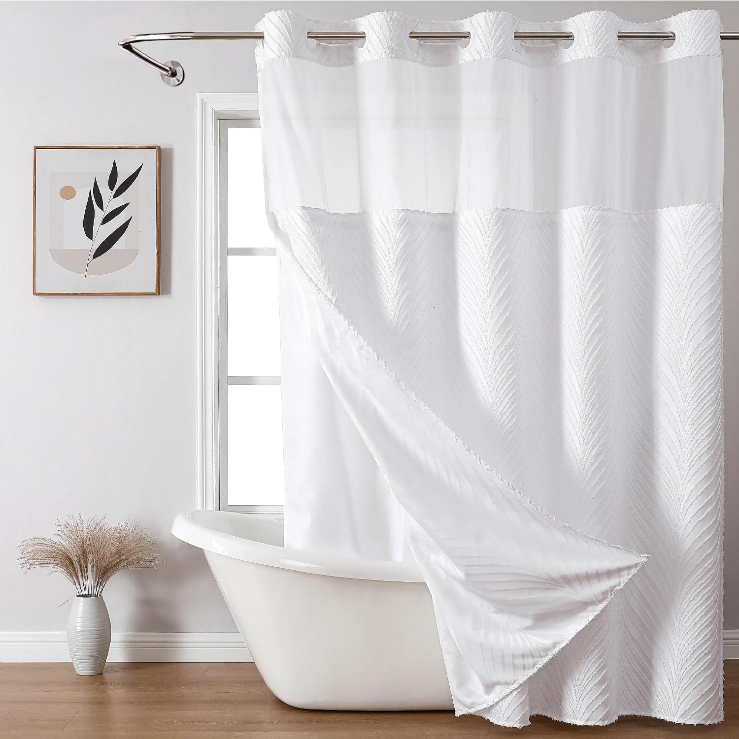 Eachope Long No Hook Shower Curtain And Liner Set,Boho Style With See Through Top Window,White Fabric Tufted Striped Textured Ou