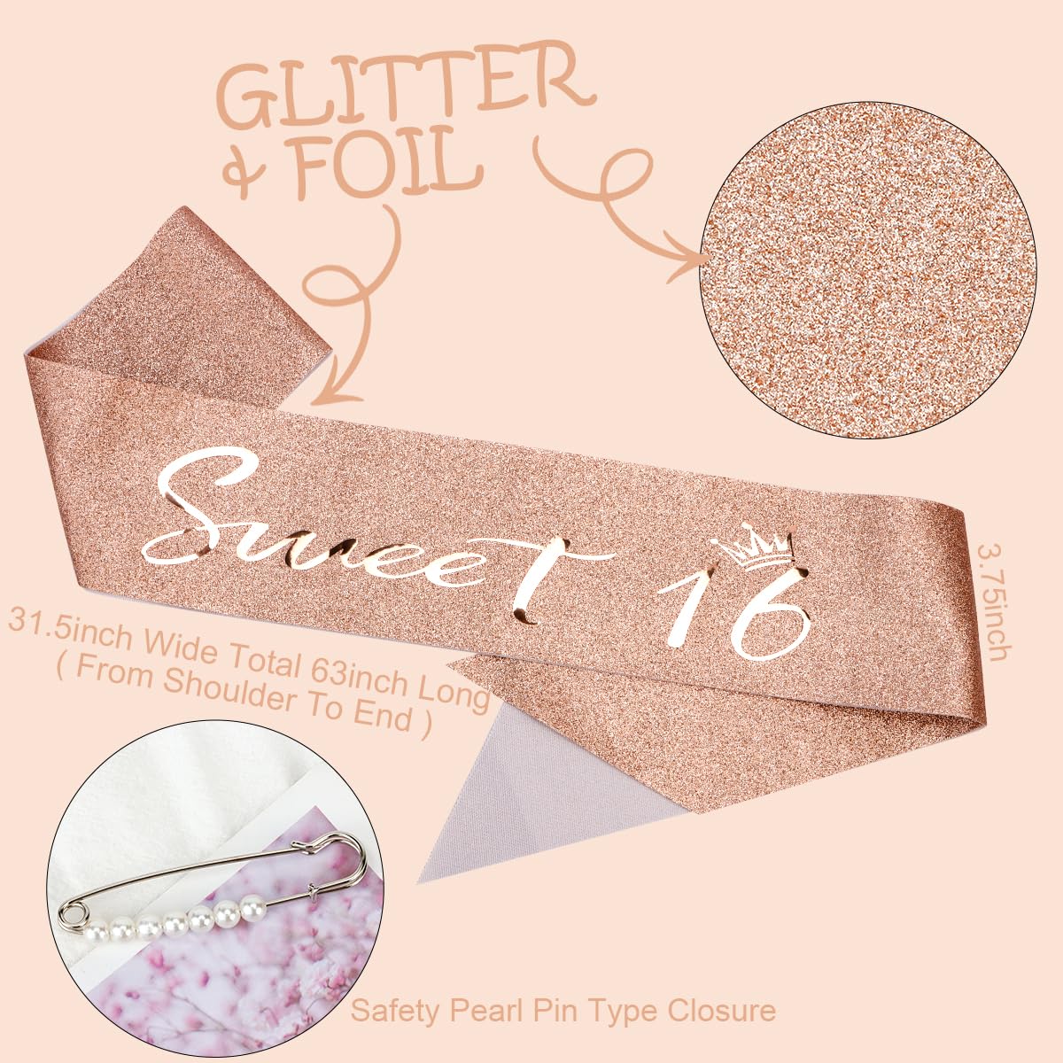 Tobatoba Sweet 16 Birthday Decorations, 16Th Birthday Decorations For Girls, Rose Gold Sweet 16 Birthday Sash And Tiara For Girl