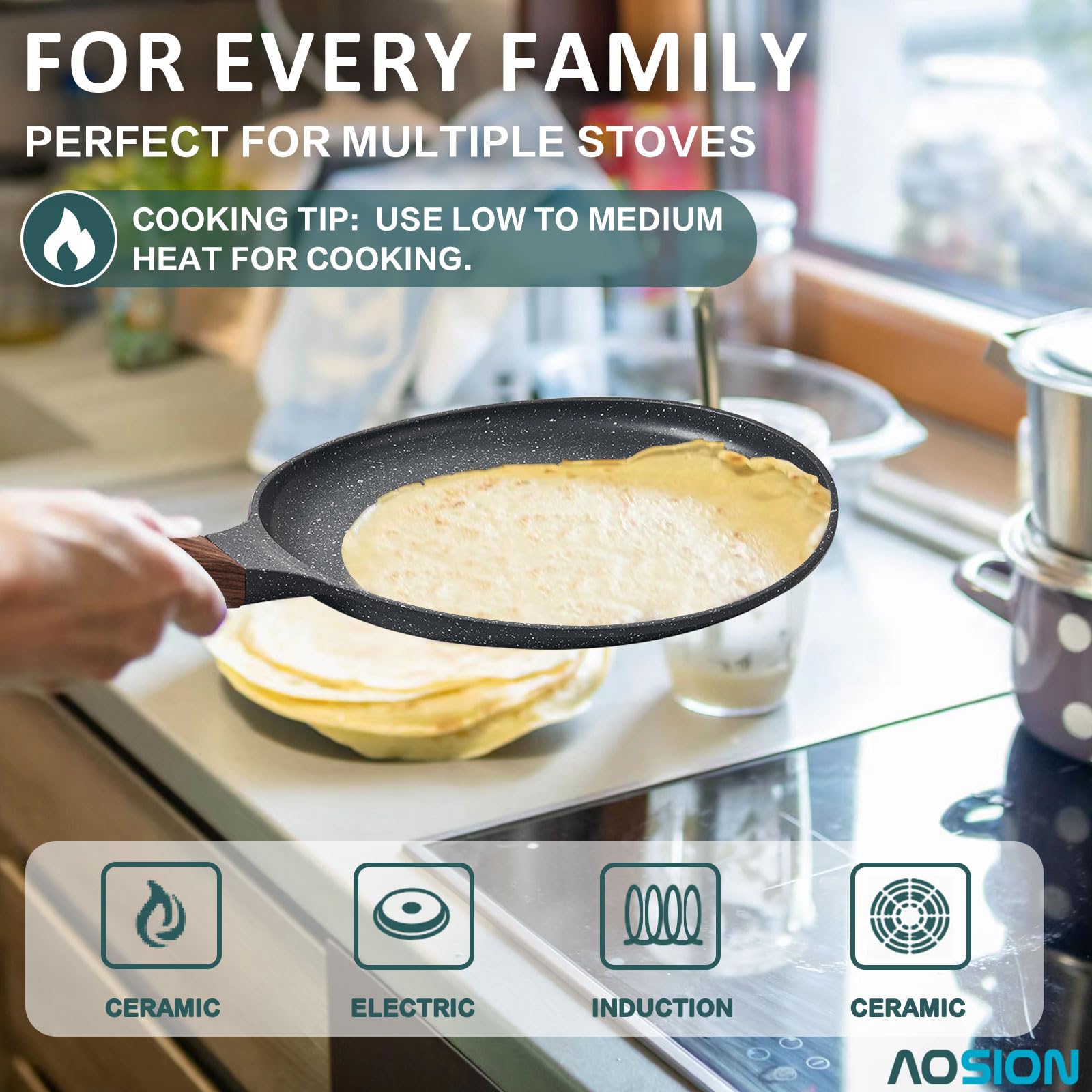 Aosion 11 Inch Crepe Pan Nonstick Dosa Tawa Pan,Skillet Pan,Cast Aluminum Tortilla Pan For Pancake Omelette Steak Frying Egg Wit
