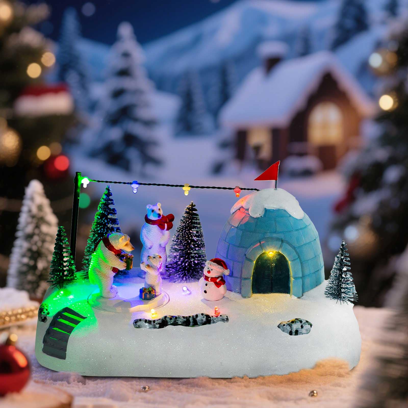 innodept12 Animated Christmas Polar Bear Village Scene - LED Lighted Igloo Winter Diorama with Snowman, Resin Figurines & Rotati